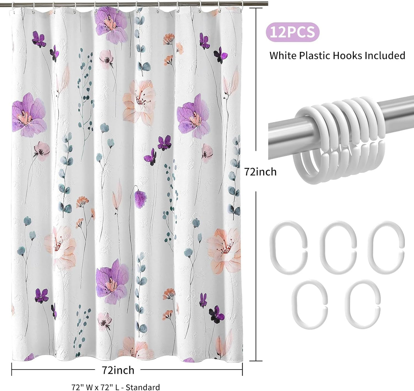 Watercolor Floral Shower Curtain, 3D Embossed Butterflies Purple Pink Flower Bathroom Curtain, Minimalist White Cloth with Hooks, 72X72