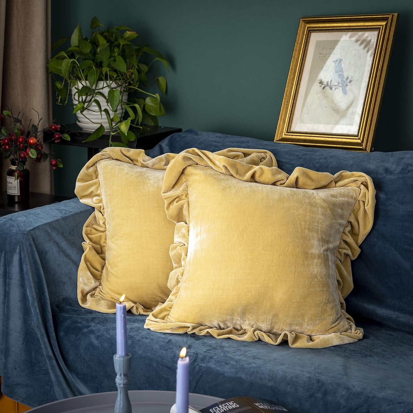 Velvet Throw Pillow Cover Soft Decorative Luxurious Solid Square Cushion Case for Sofa Couch Bedroom Farmhouse,Pack of 2, 18 X 18 Inches, Butter Yellow