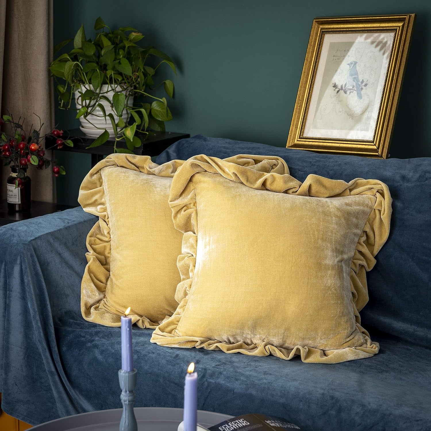Velvet Throw Pillow Cover Soft Decorative Luxurious Solid Square Cushion Case for Sofa Couch Bedroom Farmhouse,Pack of 2, 18 X 18 Inches, Butter Yellow