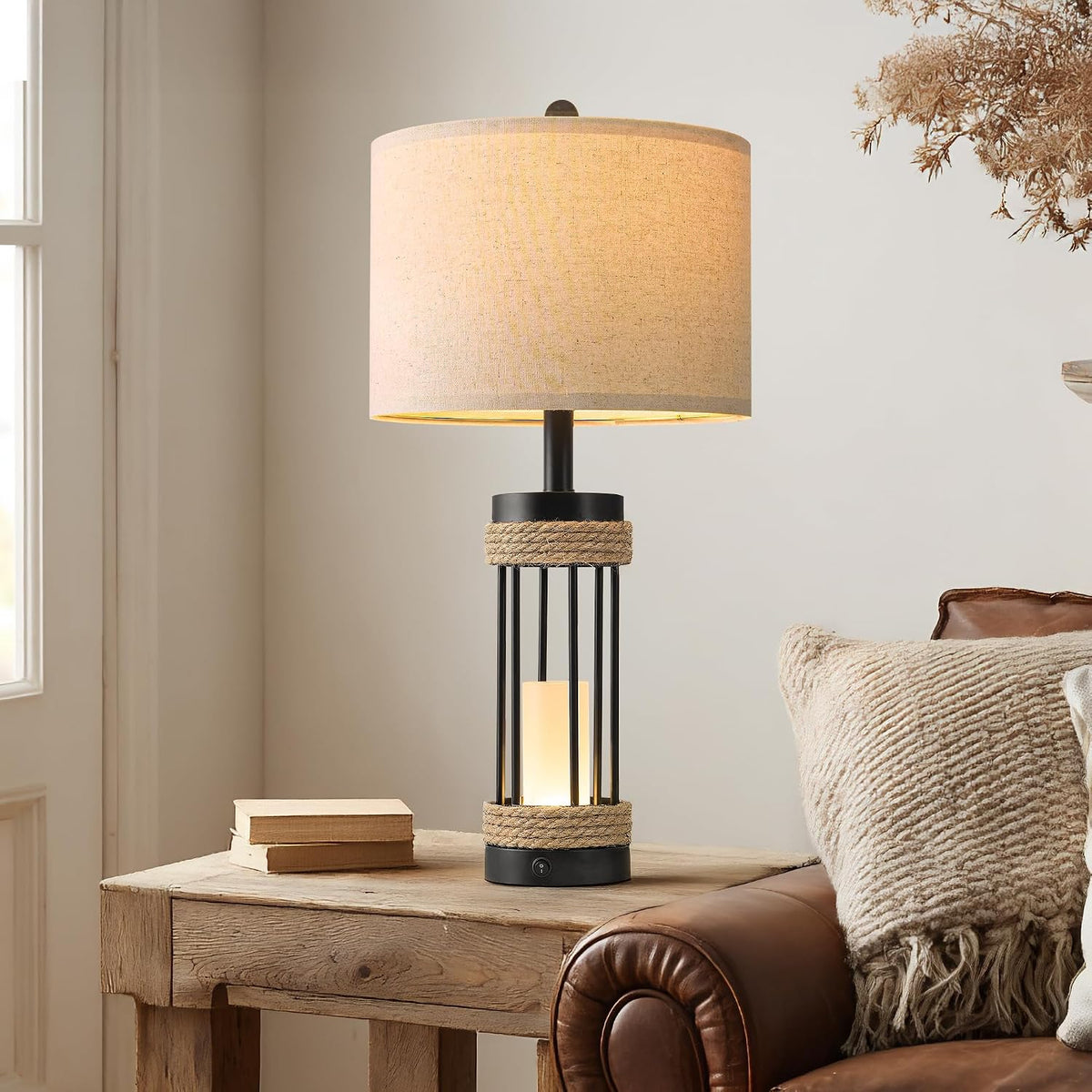 25" Table Lamps Set of 2, Rustic Lamps with USB C+A Charging Ports, Black Metal Lamp with Rope Accent and Frosted Glass