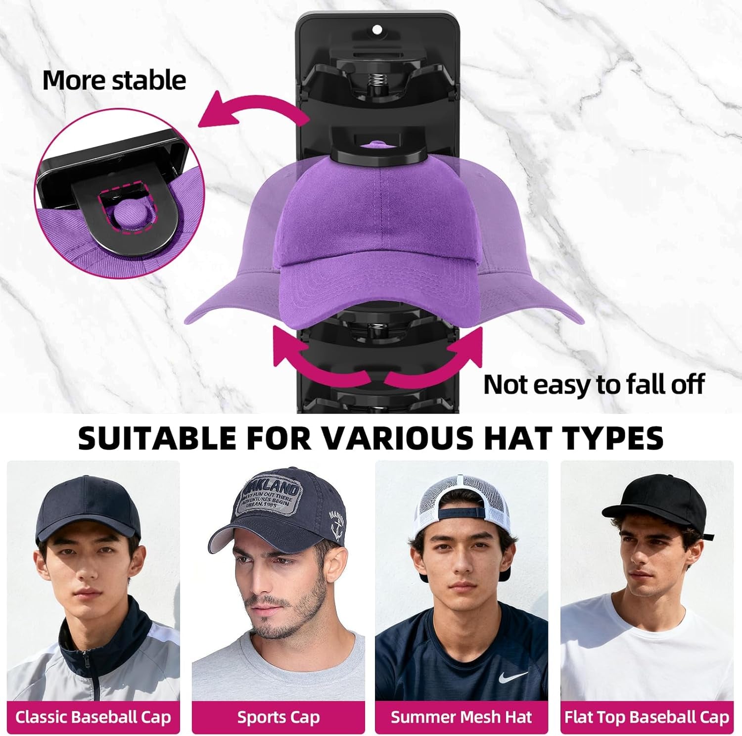 Spring-Loaded Hat Organizer for Baseball Caps (2 Pack) – Holds 20 Caps, Quick Insert & Smooth Release with Secure Hold, Wall Mount – Black