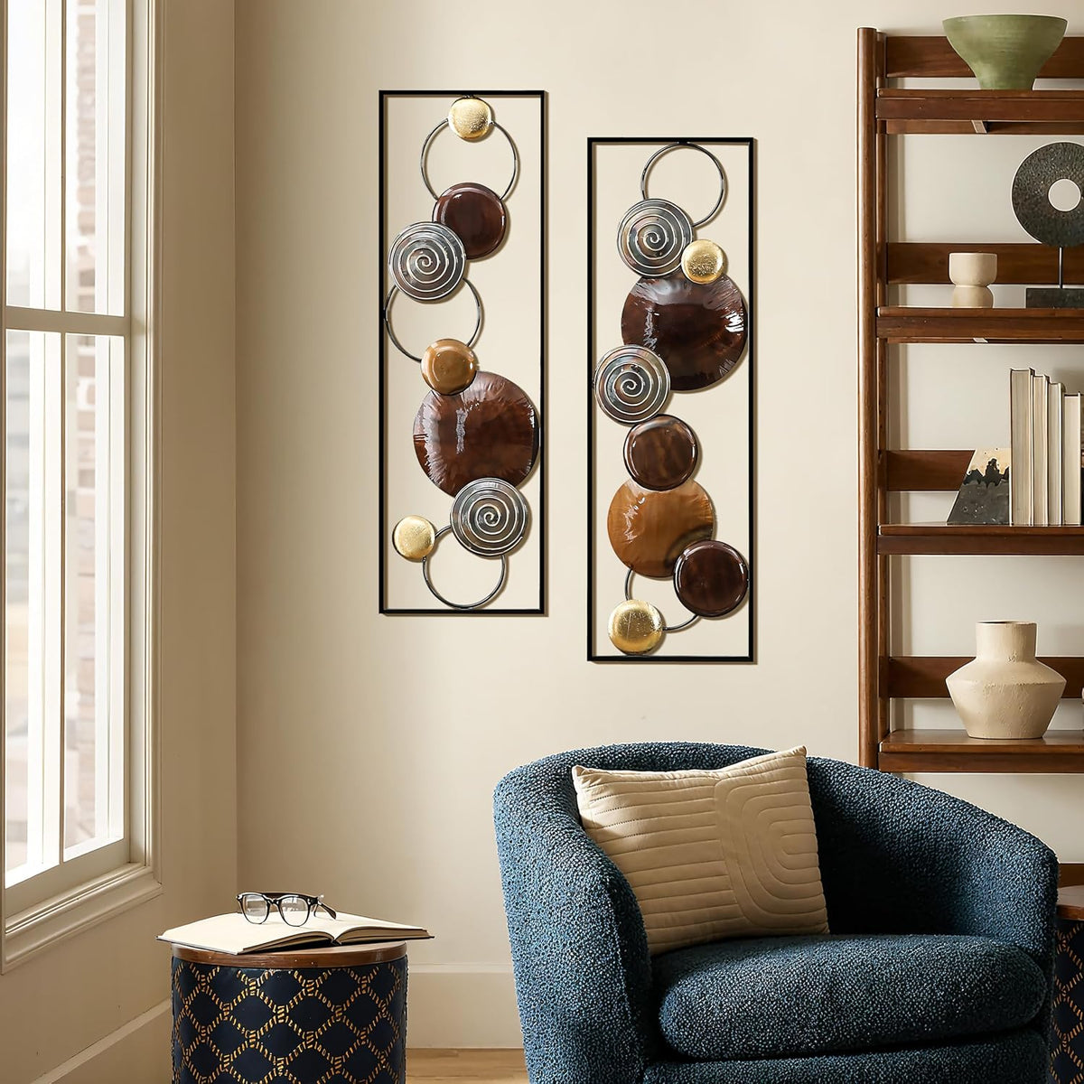 Luxe home Metal Wall Art, 2 Pieces Abstract Wall Décor Brown, 36"X12", Metal Wall Decor, Minimalist Metal Wall Sculptures