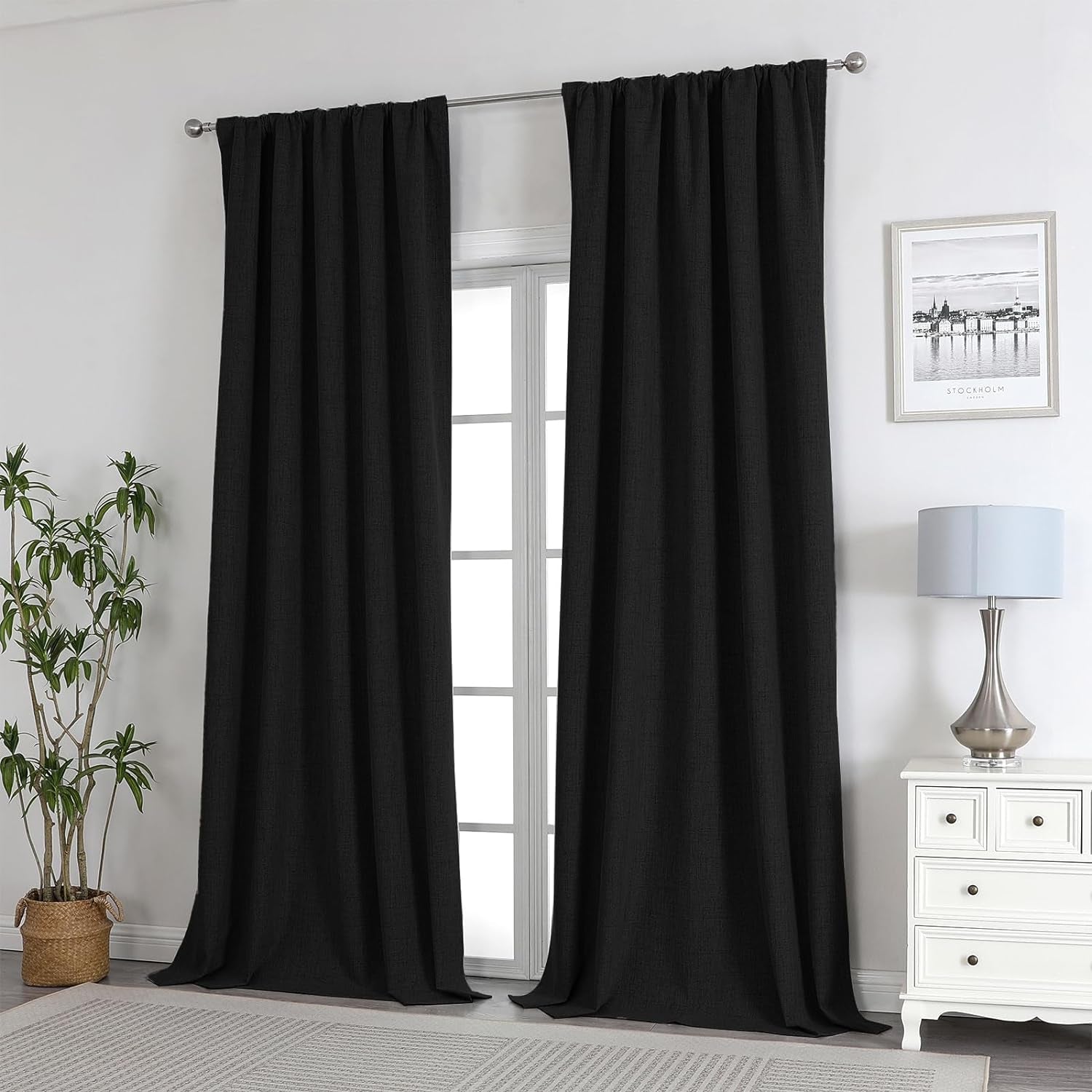 Natural Linen Curtains 2 Panels Set100% Blackout Thermal Insulated (52X84 Inch,Black)