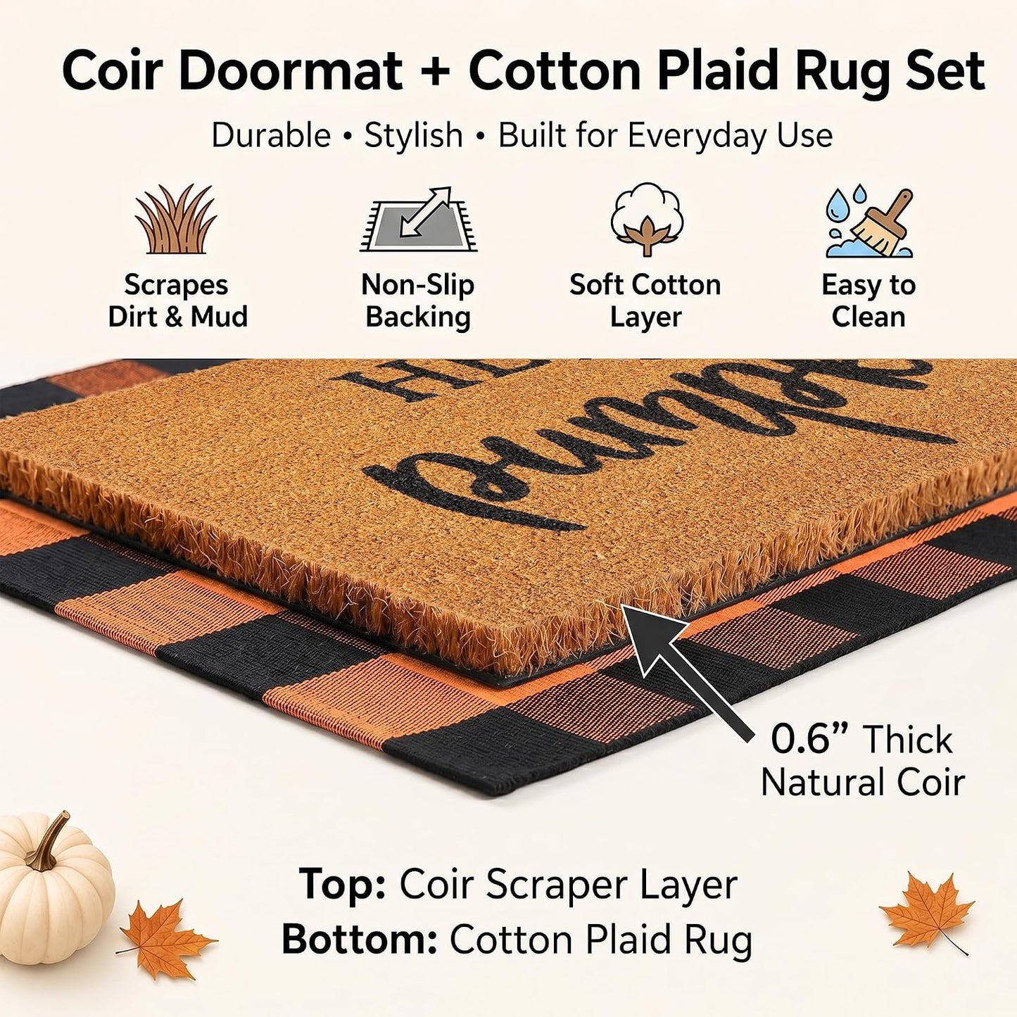 Fall Decor Door Mat Combo Set, 28 X 43 Inches Orange and Black Plaid Rug