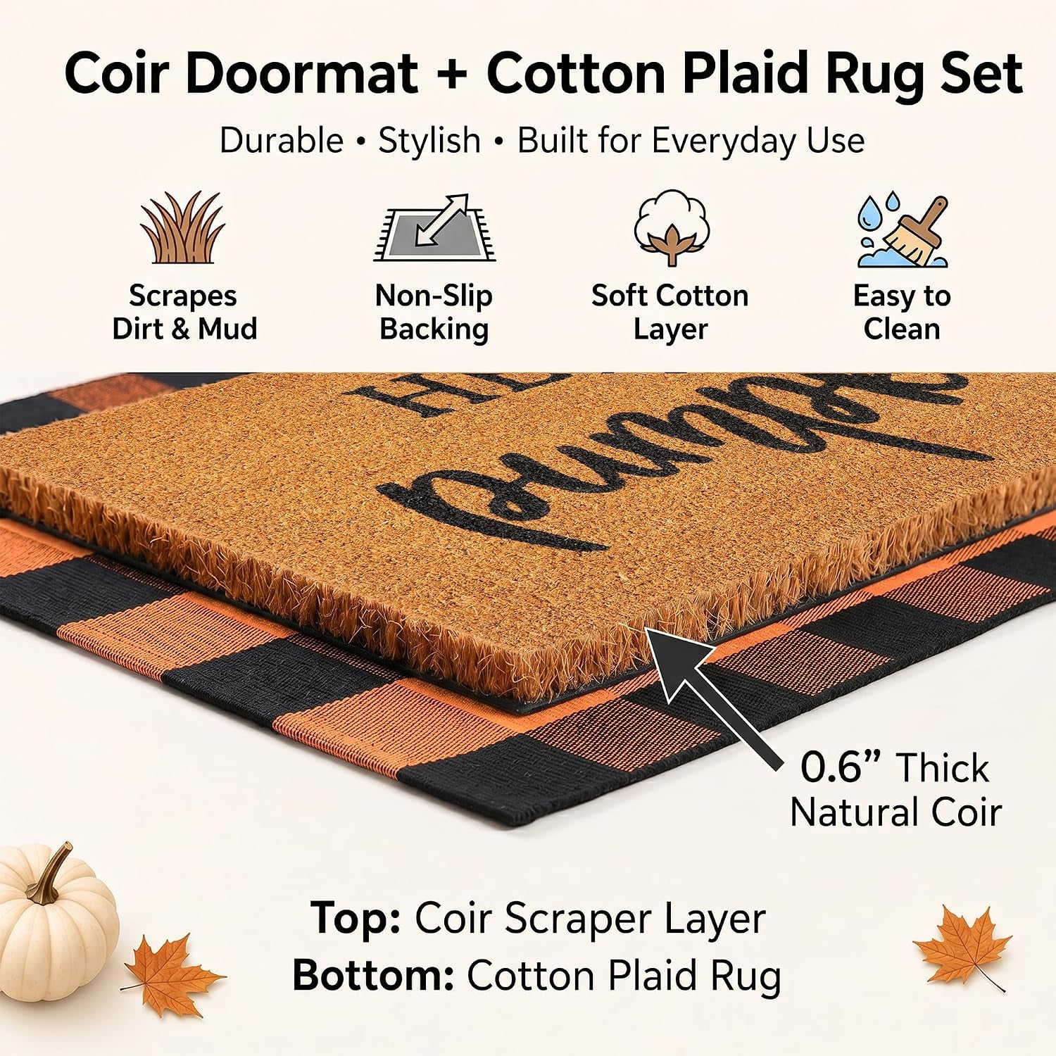 Fall Decor Door Mat Combo Set, 28 X 43 Inches Orange and Black Plaid Rug