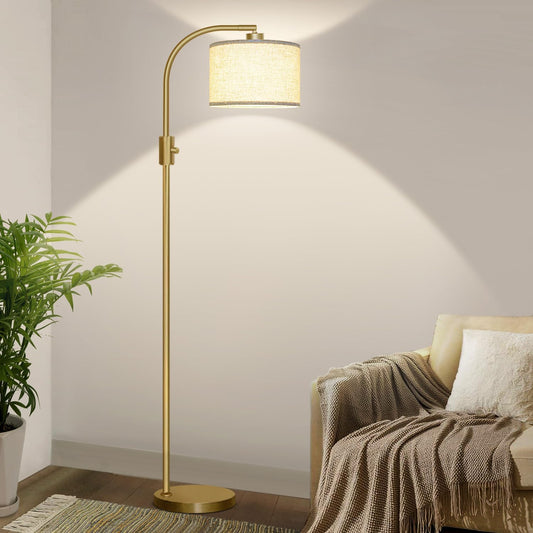 Upgraded Modern Arc Dimmable Tall Standing Floor Lamp with Linen Shade, 1200 Lumens LED Bulb Included, Gold
