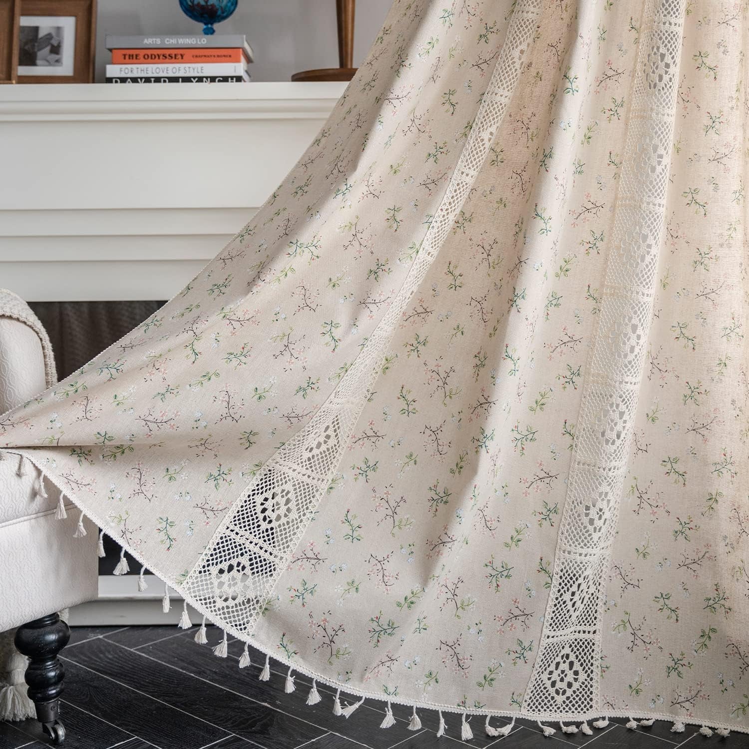Boho Vintage Farmhouse Curtains 63 Inch Beige Patchwork Crochet Window Treatments with Tassels Crochet Lace 2 Panels Floral Patterned 59X63