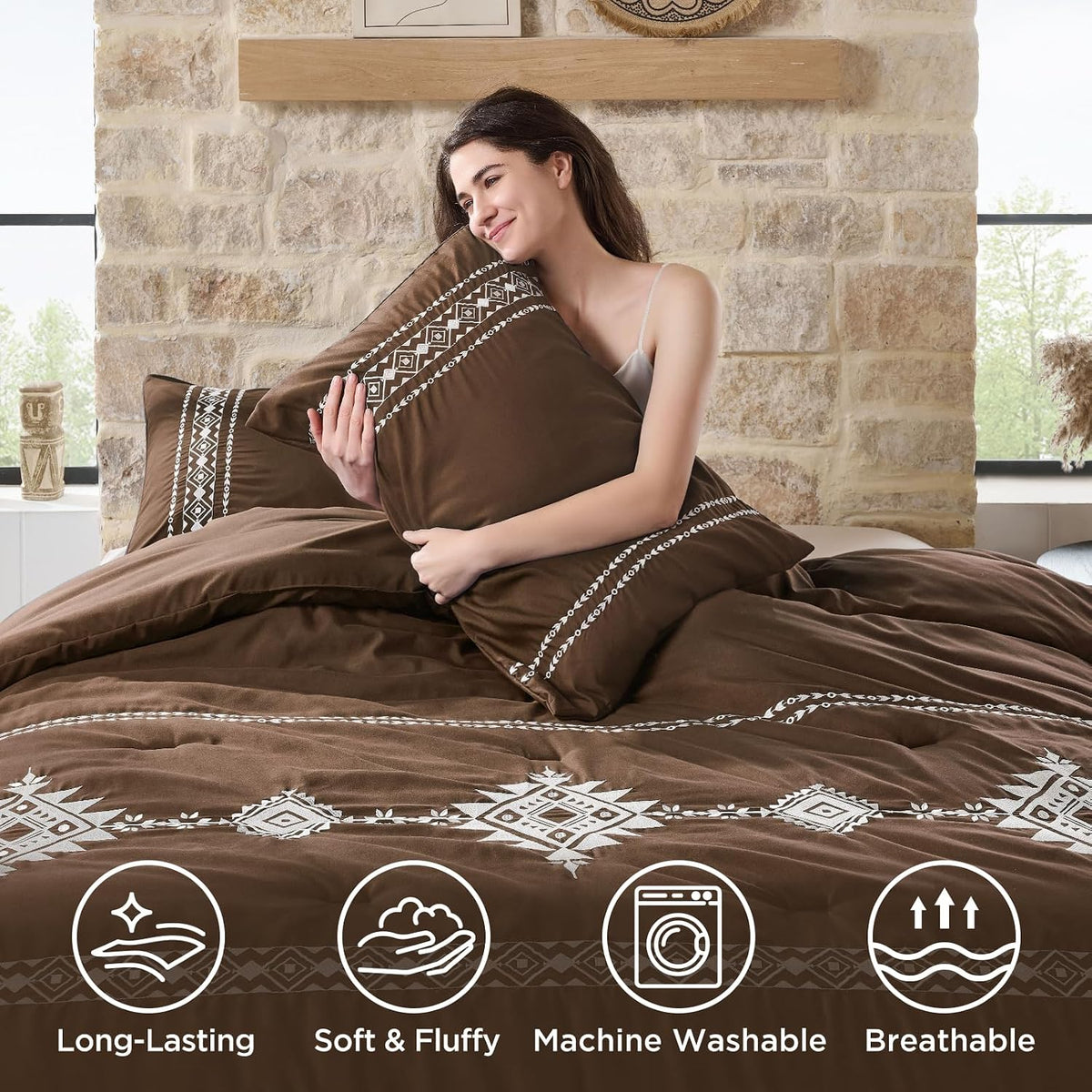 Embroidered Comforter Set Queen, 3-Piece Boho Bedding, Brown