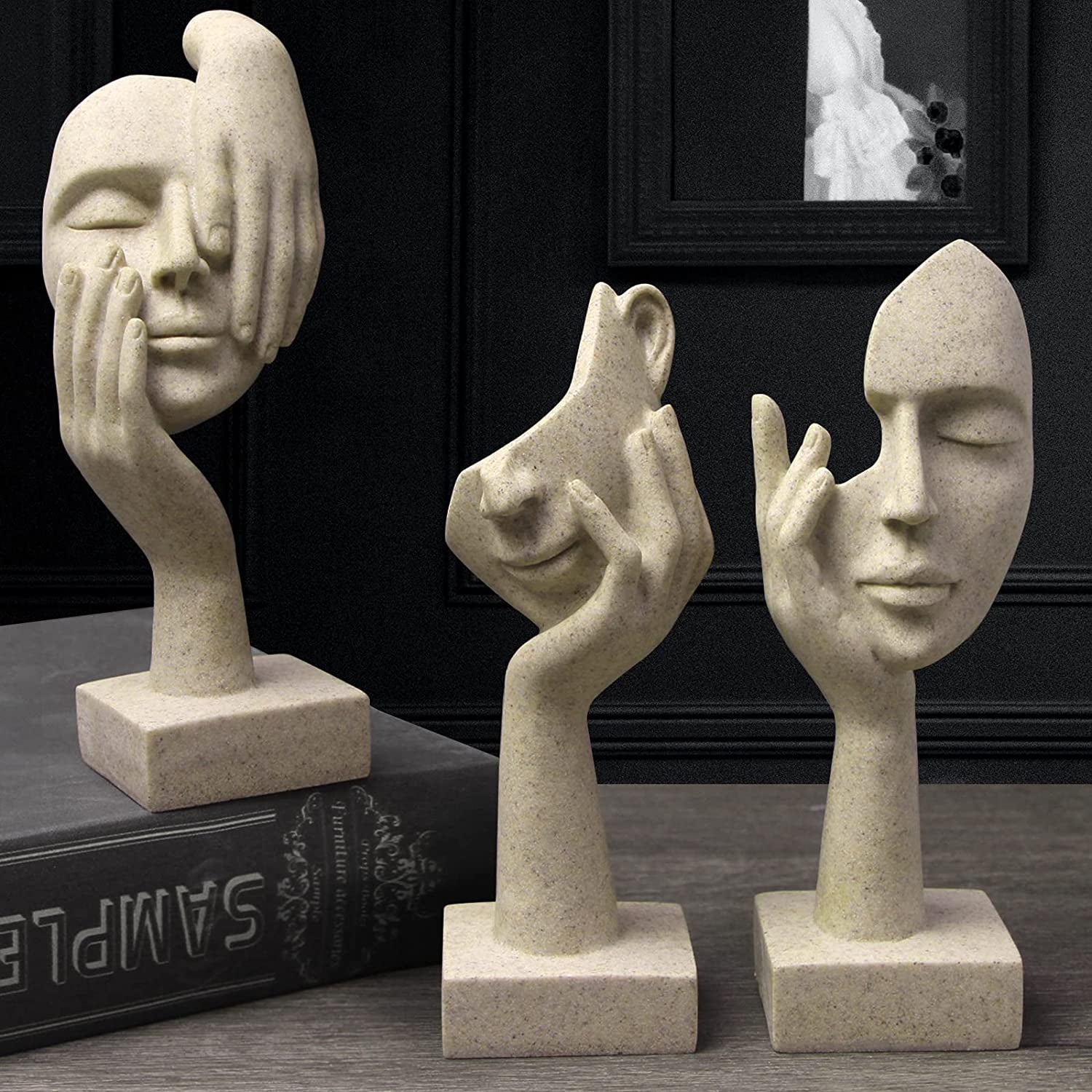 3 Pcs Thinker Statue,Modern Home Resin Sculptures,Collectible Figurines for Home Office Bookshelf Desktop Decor(Sandstone)