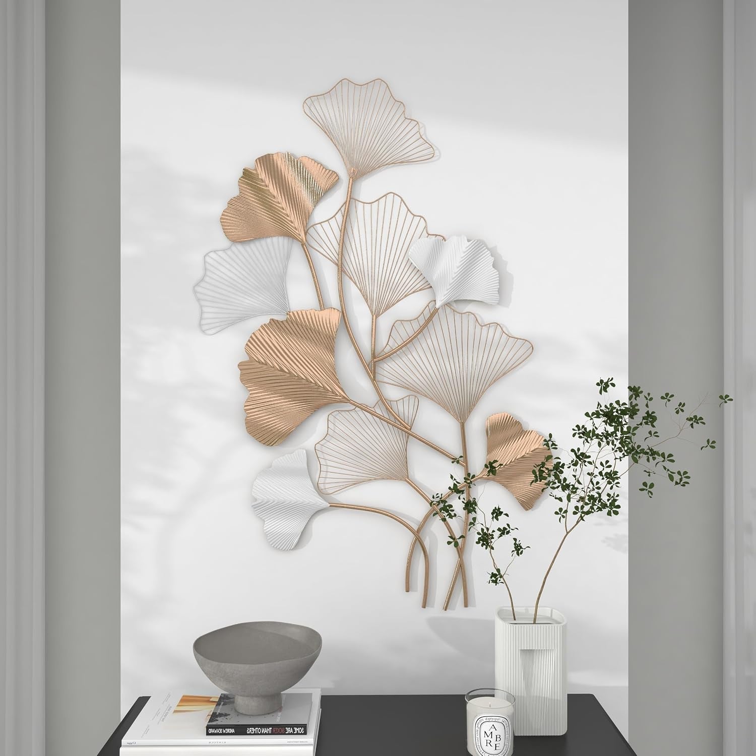 Metal Leaf Home Wall Decor Wall Sculpture with White Accents, Wall Art 25" X 2" X 40", Gold