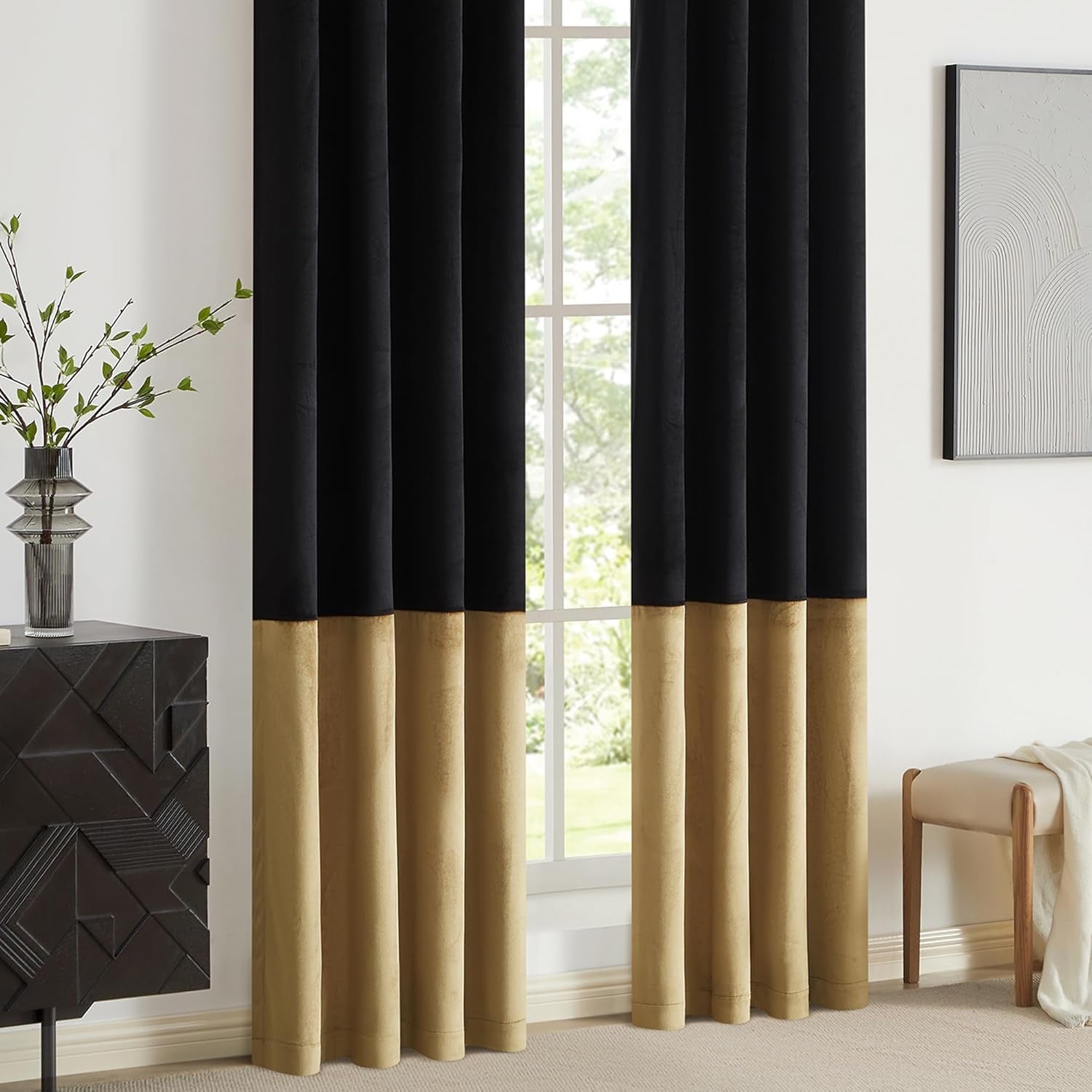 Black Gold Color Block Window Curtains Panels 96 Inches Long Velvet Farmhouse Drapes