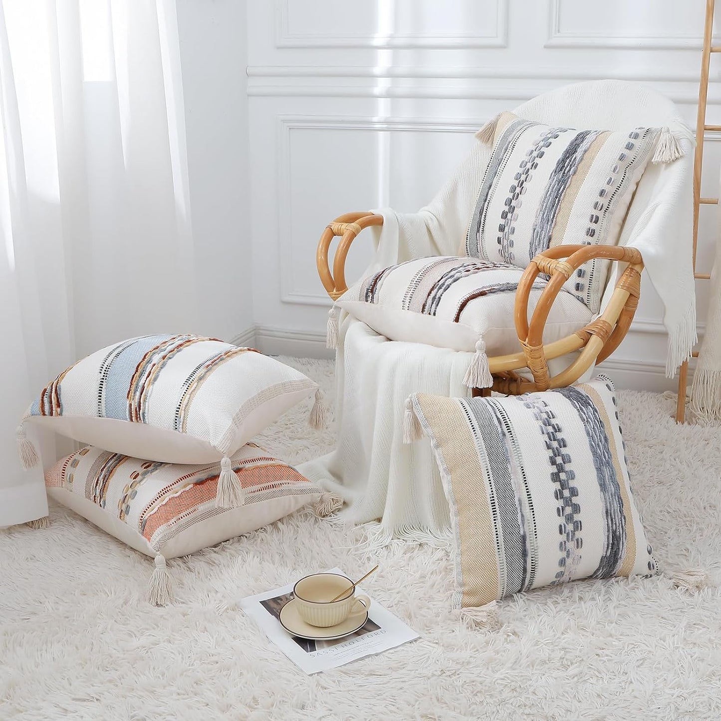 Boho Decorative Throw Pillow Covers 18X18 Set of 2, Cream White and Khaki