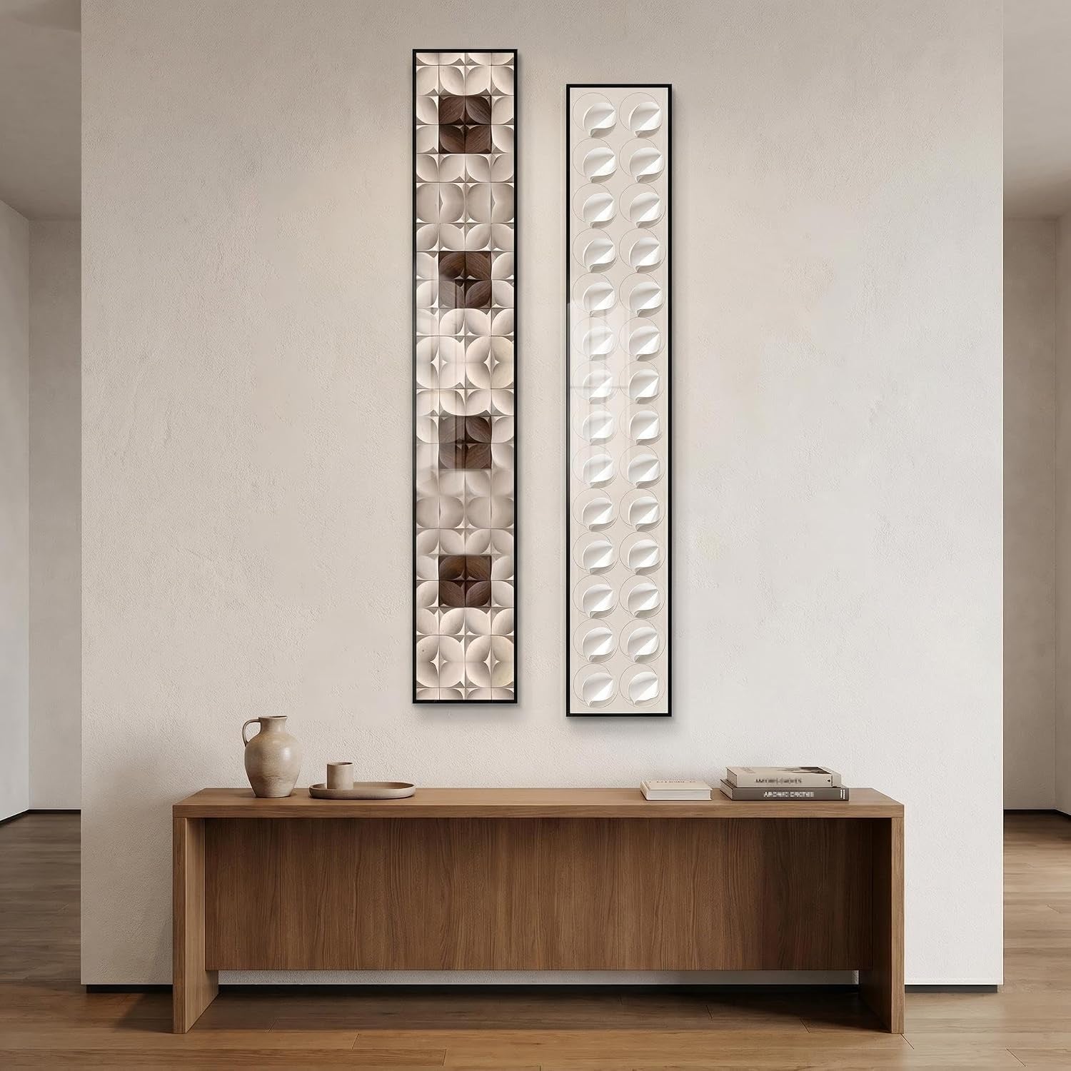 2Pcs Narrow Neutral Geometric Wood Art, Alu Frame Gloss Hallway 