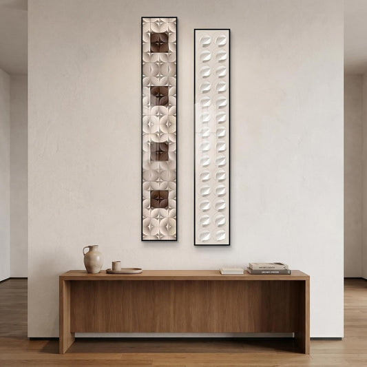 2Pcs Narrow Neutral Geometric Wood Art, Alu Frame Gloss Hallway 