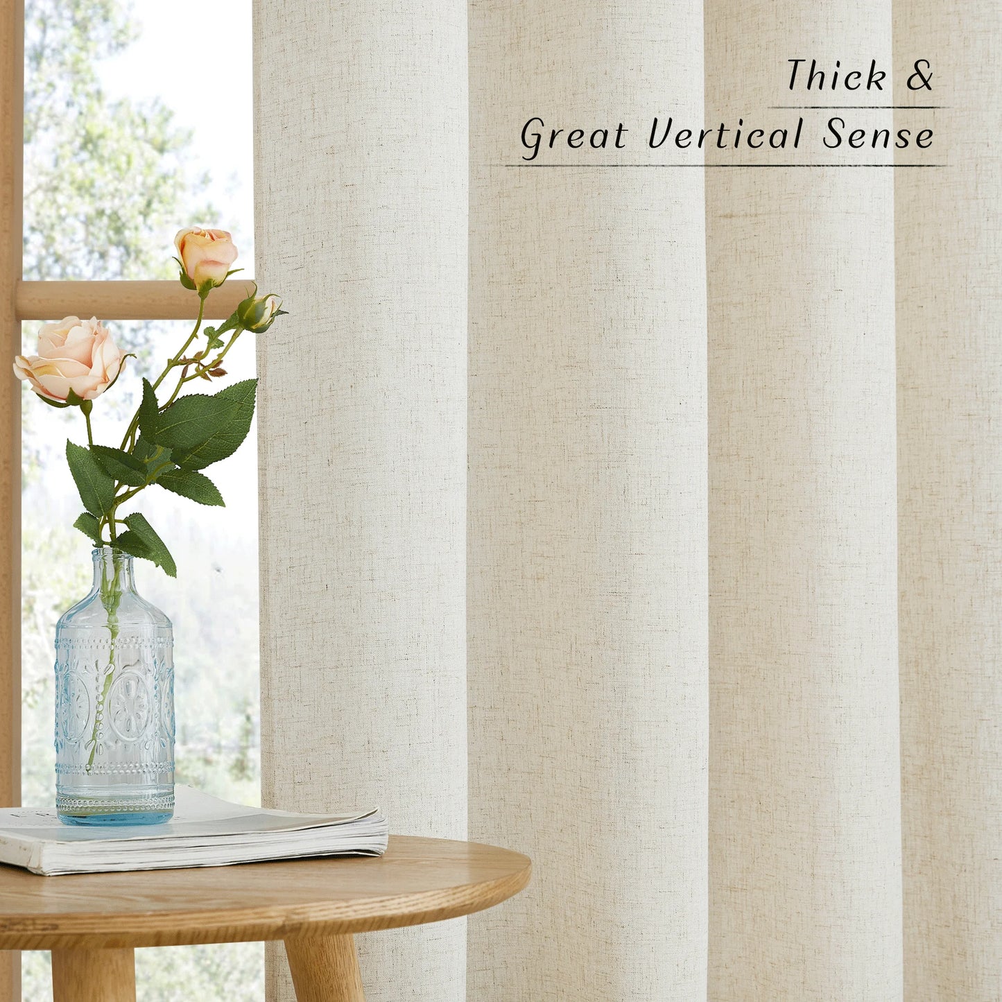 Linen Curtains, Natural Semi Sheer Thick Linen Drapes Light Filtering Elegant Neutral Bohemian Grommet Bedroom Curtain Panels, 55"X84", 2 Panels