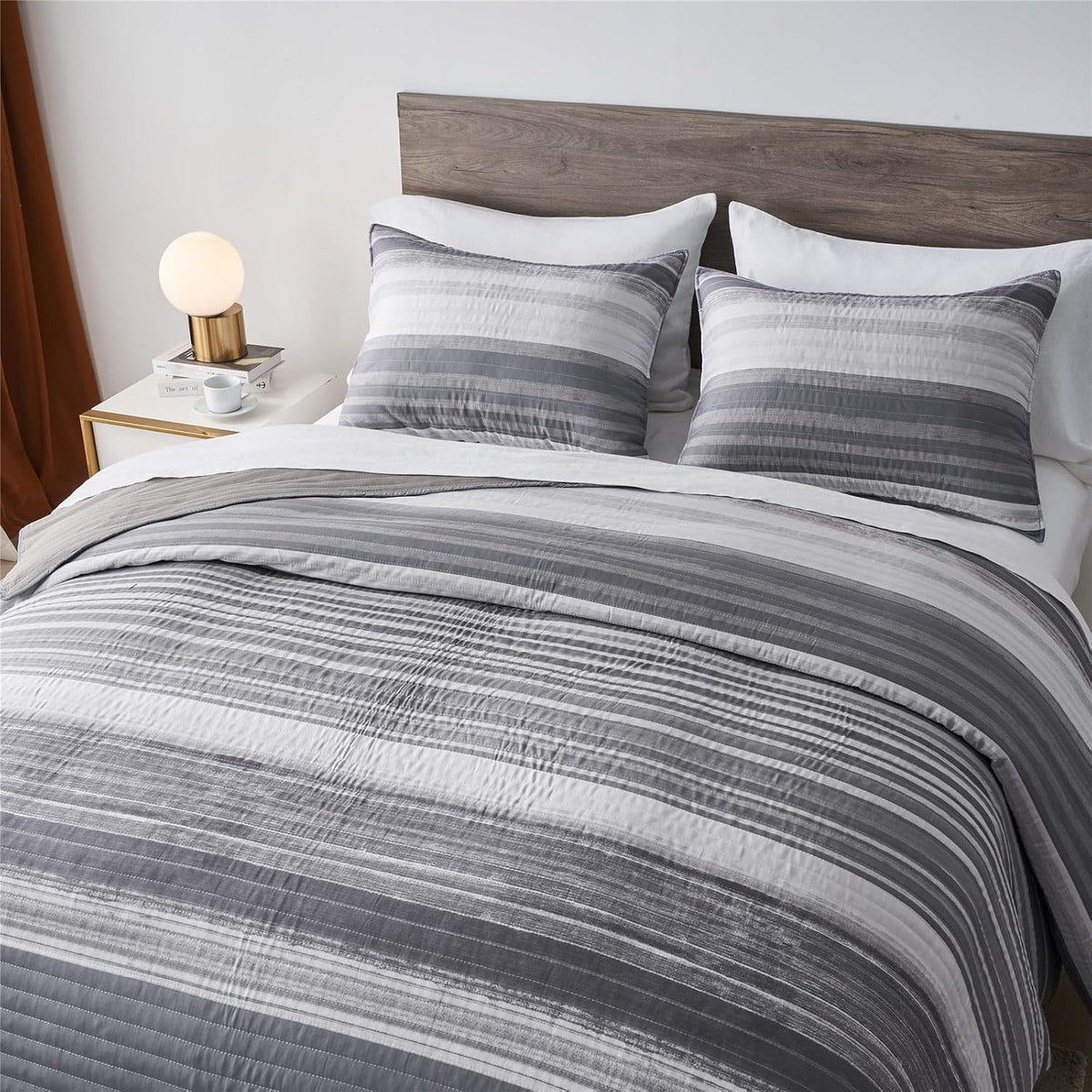Striped King/Cal King Quilt Bedding Set, Soft Coverlet, Light Grey