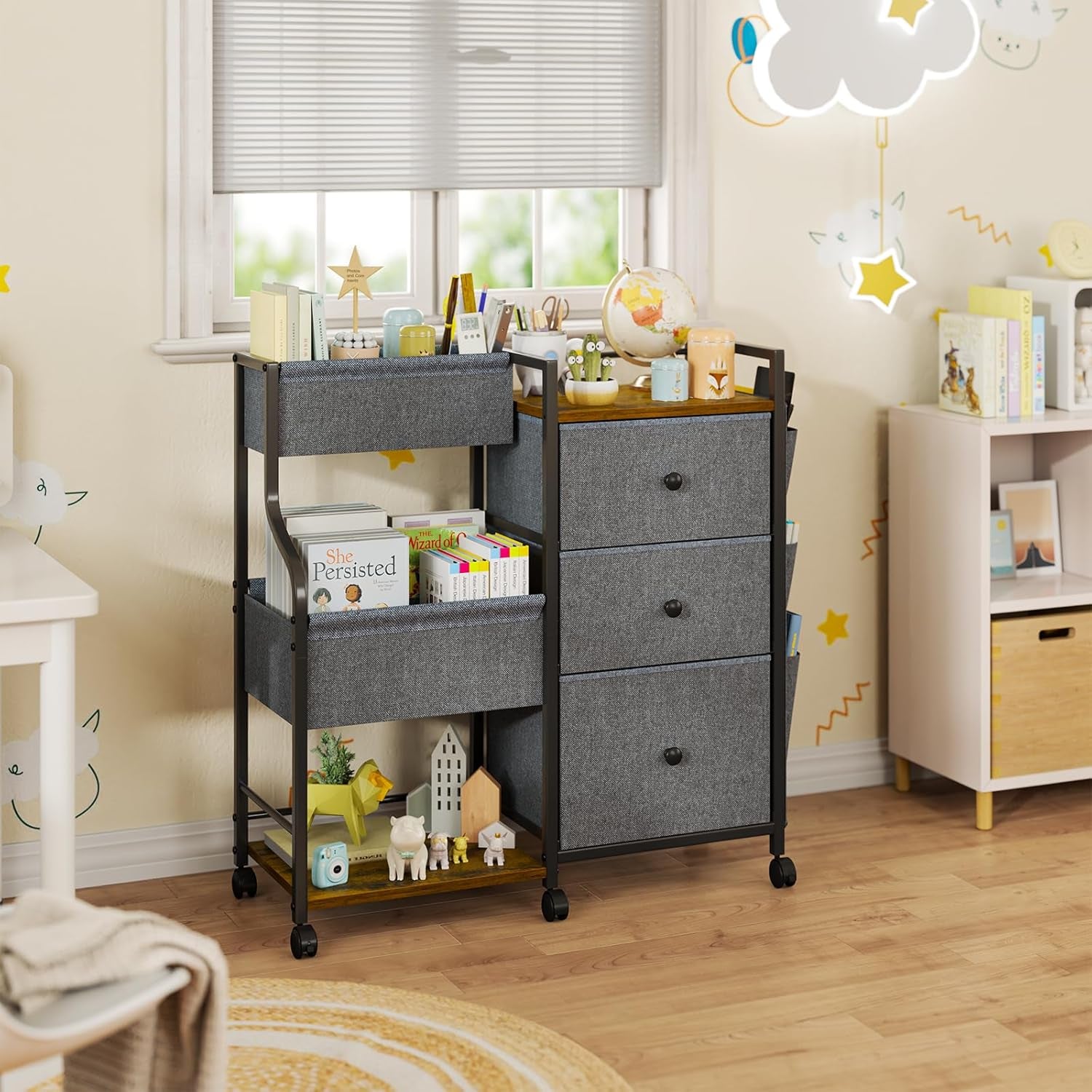 Baby Diaper Caddy, 3 Tier Baby Organizer and Storage Cart with Dividers and Drawers, Mobile Utility Rolling Cart, Grey