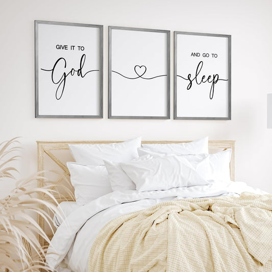 Give It to God and Go to Sleep Sign Set of 3 Wall Decor, Wood Framed (Gray, 11”X14”)