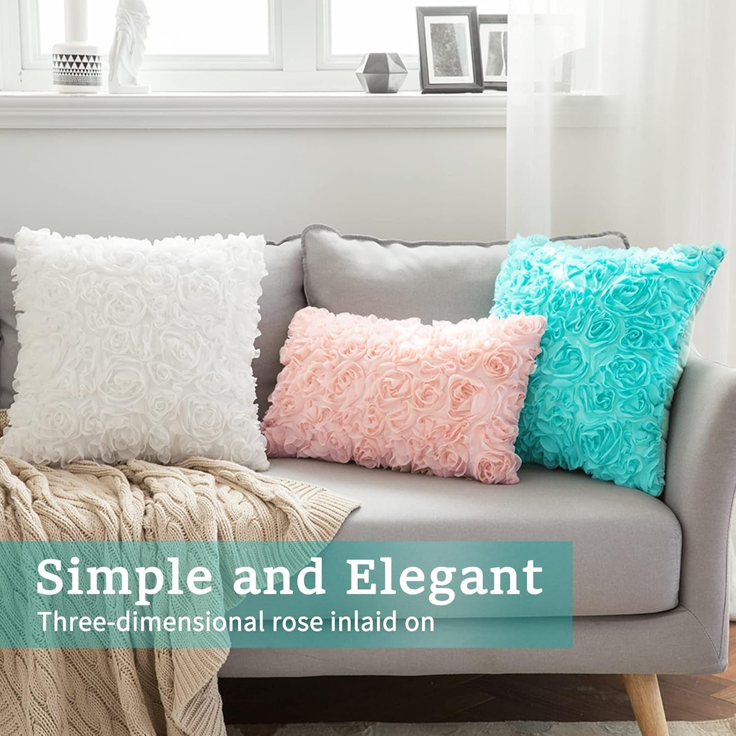 3D Decorative Romantic Rose Flower Throw Pillow Cover Solid 12X20 Inch Peach Pink