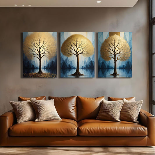 Tree Wall Art Gold Heart Shape Landscape Tree of Life Painting Teal Geometric Mountain Framed, 12"X16"X3 Panels