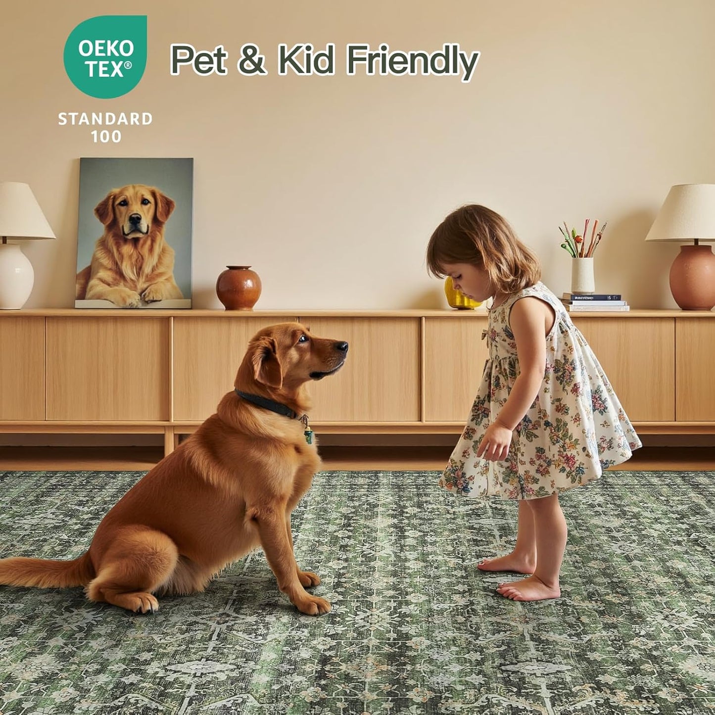 Green 8X10 Area Rug, Washable Non-Slip Large Carpet