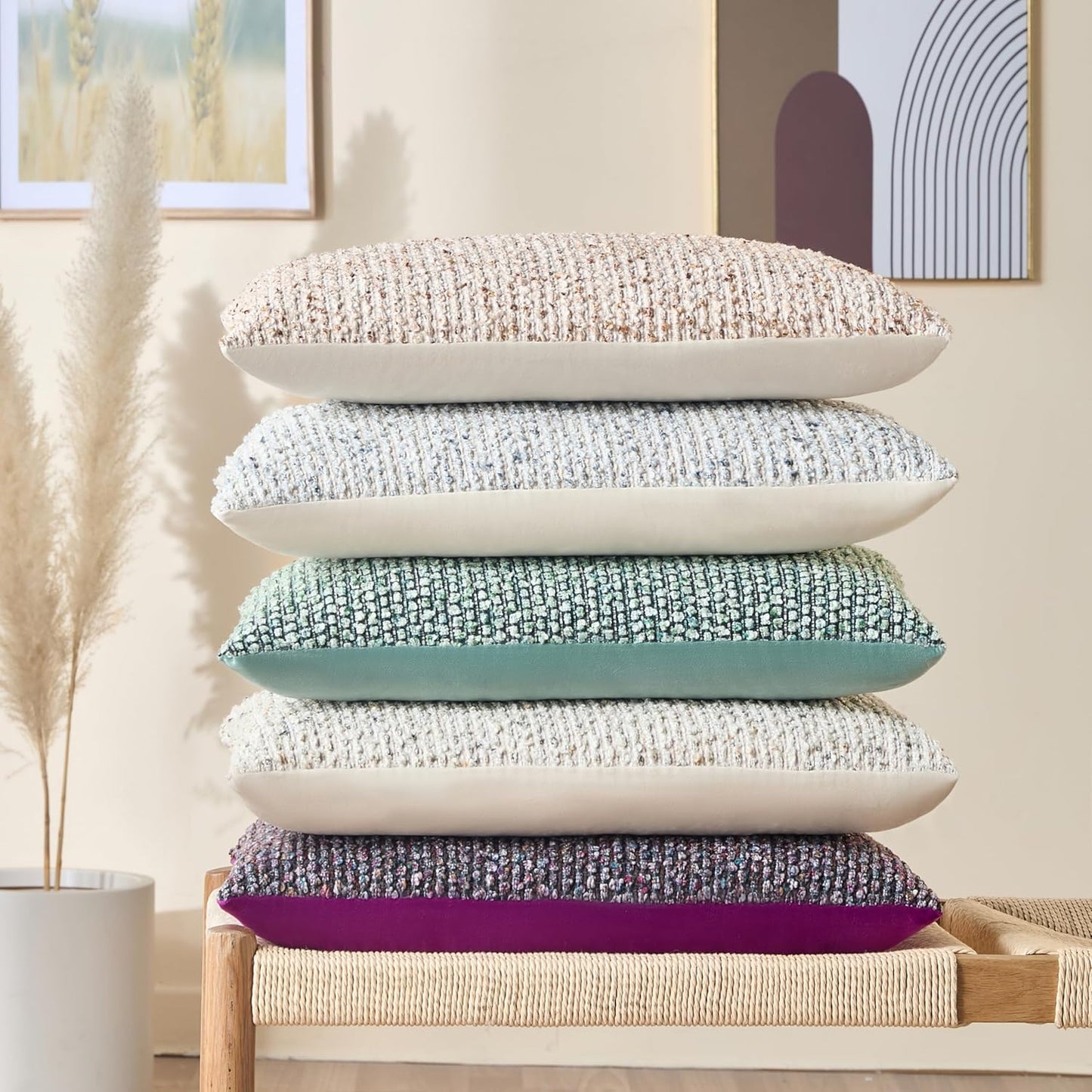 Decorative Lumbar Pillow Cover 12X20 Beige Striped Soft Wool 