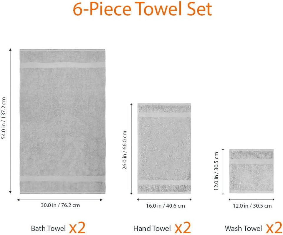 6 Piece Oversized Fade Resistant Towel Set, 100% Cotton Soft and Absorbent, Gray