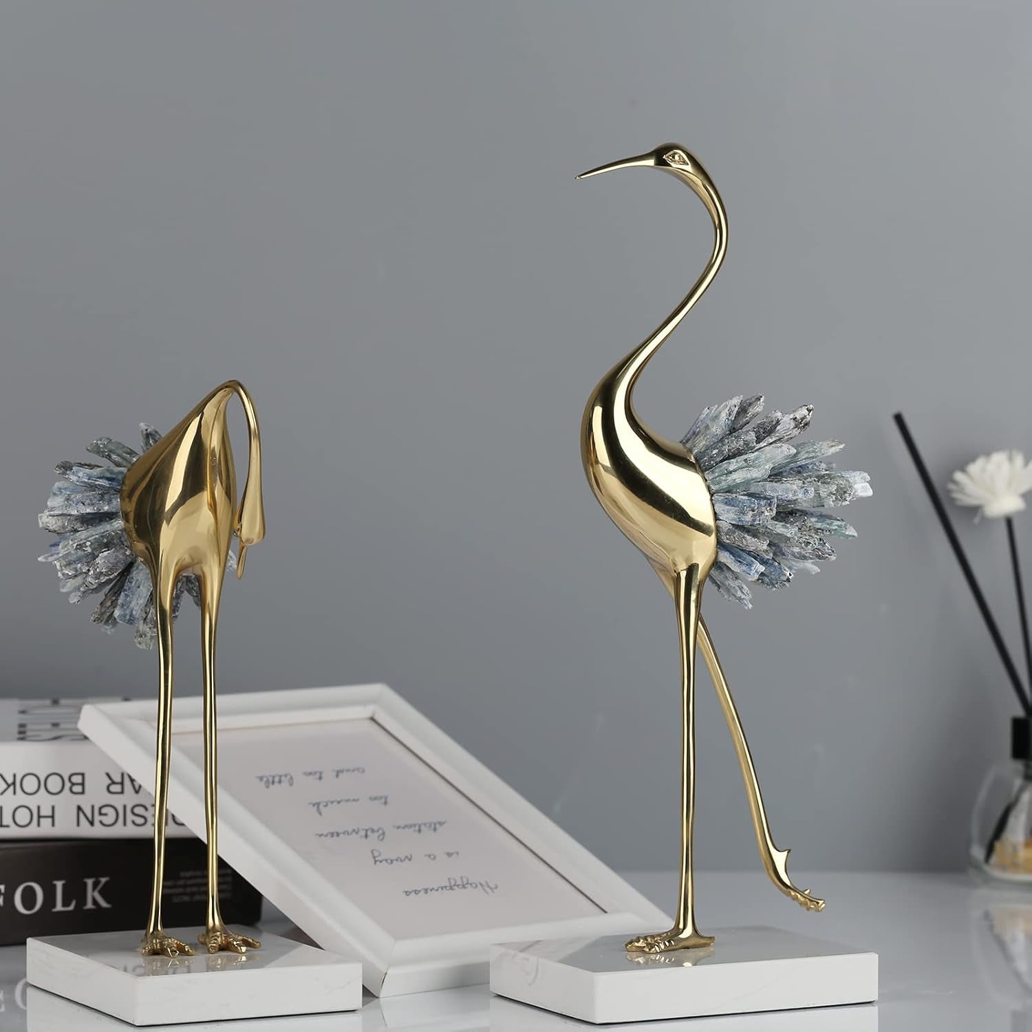 Gold Decor Accents, Brass Birds Statues Gold Home Decor Modern Crystal Decor Ornaments for Living Room (Blue B)