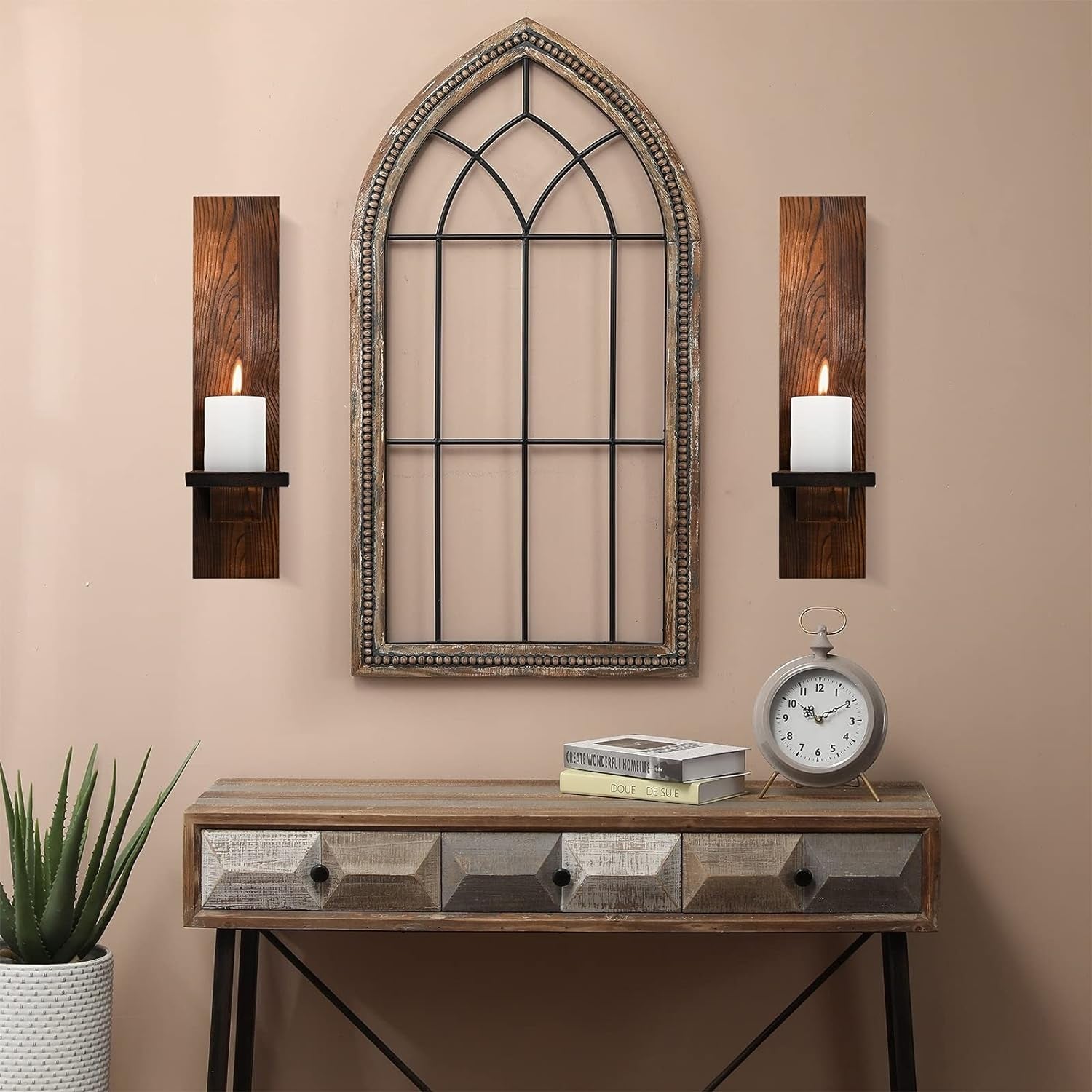 Wall Candle Sconces Set of 2, Decorative Wooden Candle Holder, Brown