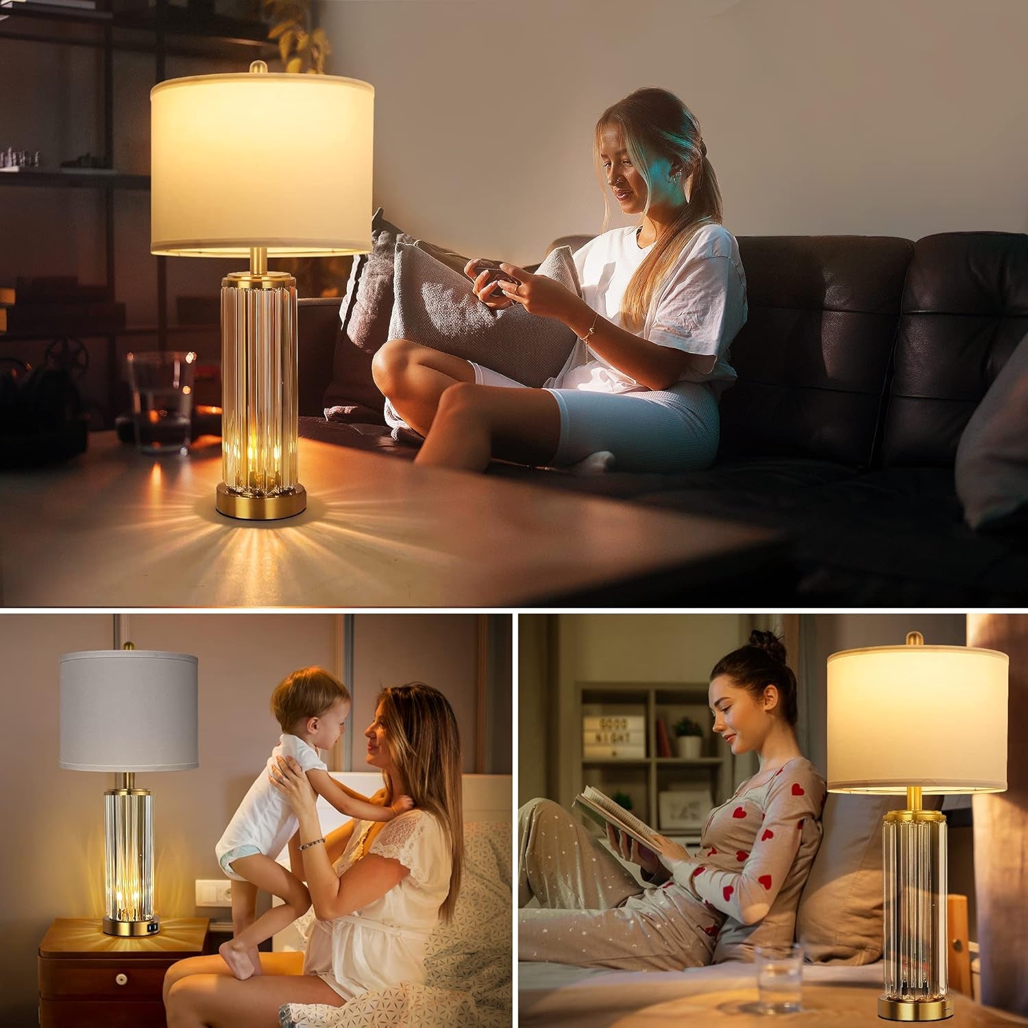 Gold Side Table Lamps, Set of 2 with Nightlight, Modern Bedside Lamp with 2 USB A+C Charging Port (Led Bulbs Included)