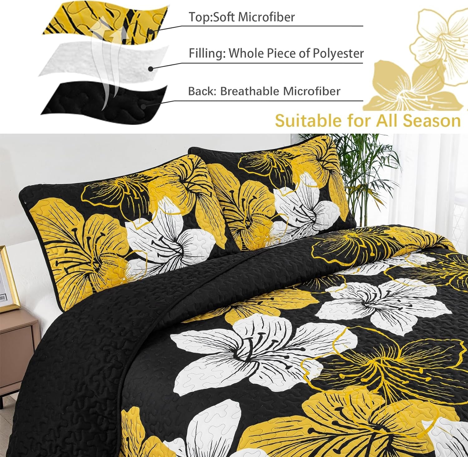 3 Pieces Quilt Set California King Gold Floral Pattern Black Quilt Coverlet Set 106"X 96"