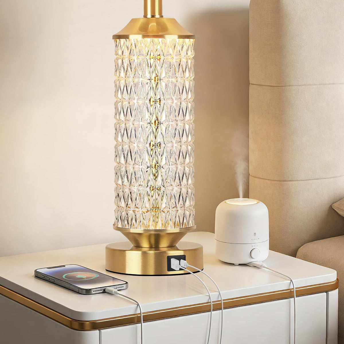 Glass Table Lamps Set of 2, Modern Gold Lamps, Two 2700K LED Bulbs, High-Transparency Glass Body