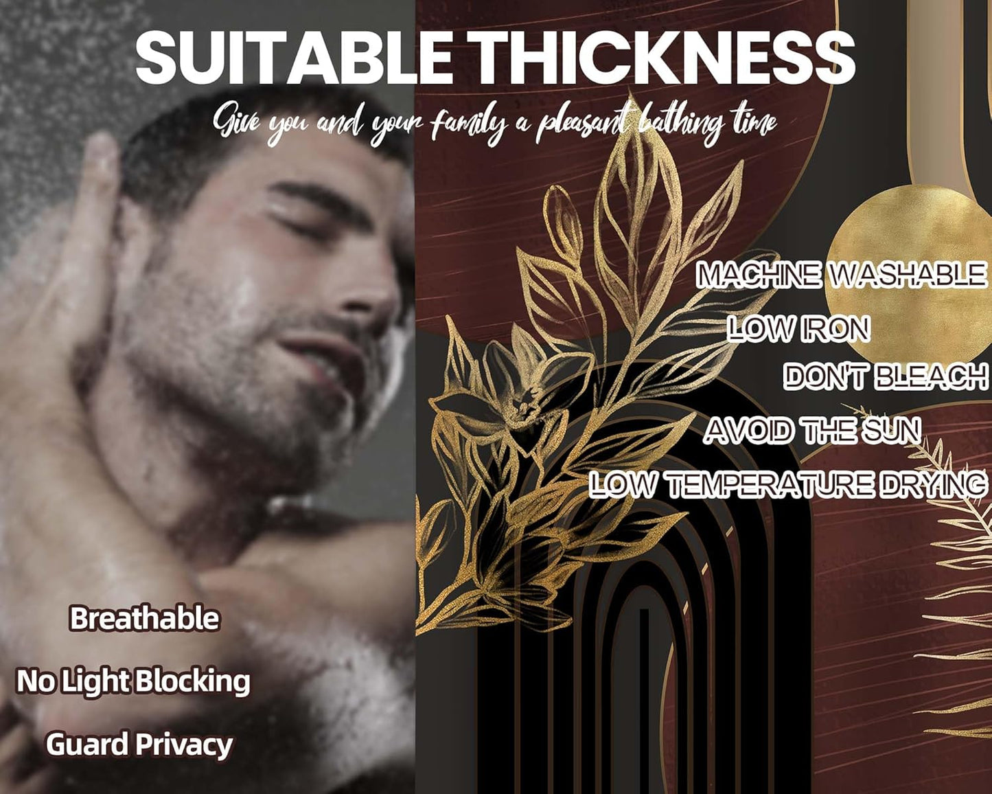 Dark Brown and Black Shower Curtain Boho Mid Century Gold and Brown Shower Curtains for Bathroom Decor, Waterproof Cloth Fabric with Hooks, 70" W X 72" L