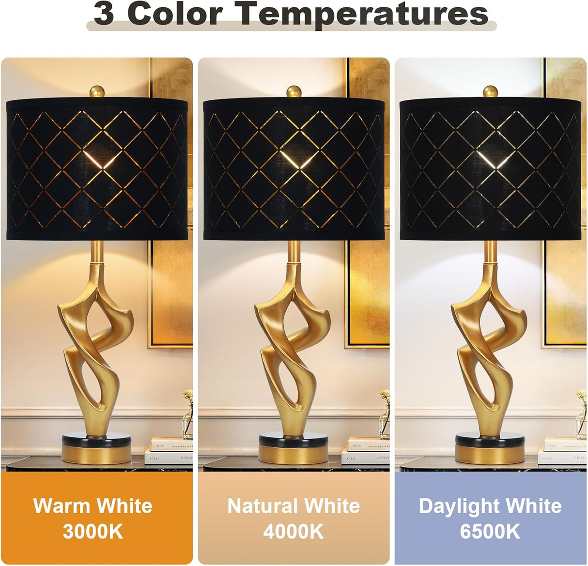 29" Tall Black and Gold Table Lamp, 3 Color Temperatures, Modern Sculptural Resin Lamp with Grid Shade (1 LED Bulb Included)