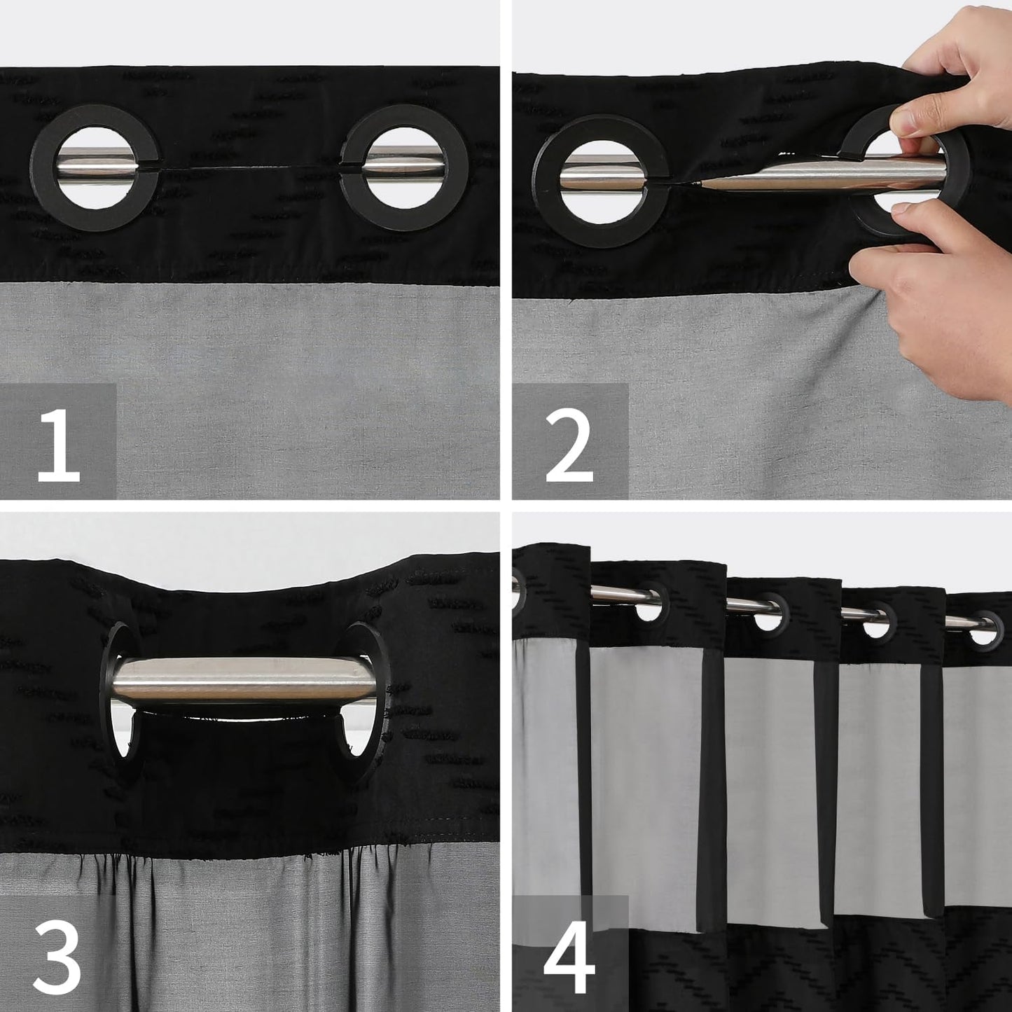 No Hook Tufted Chevron Striped Shower Curtain with Snap-In Fabric Liner Set-71Wx74H(72H), Black 