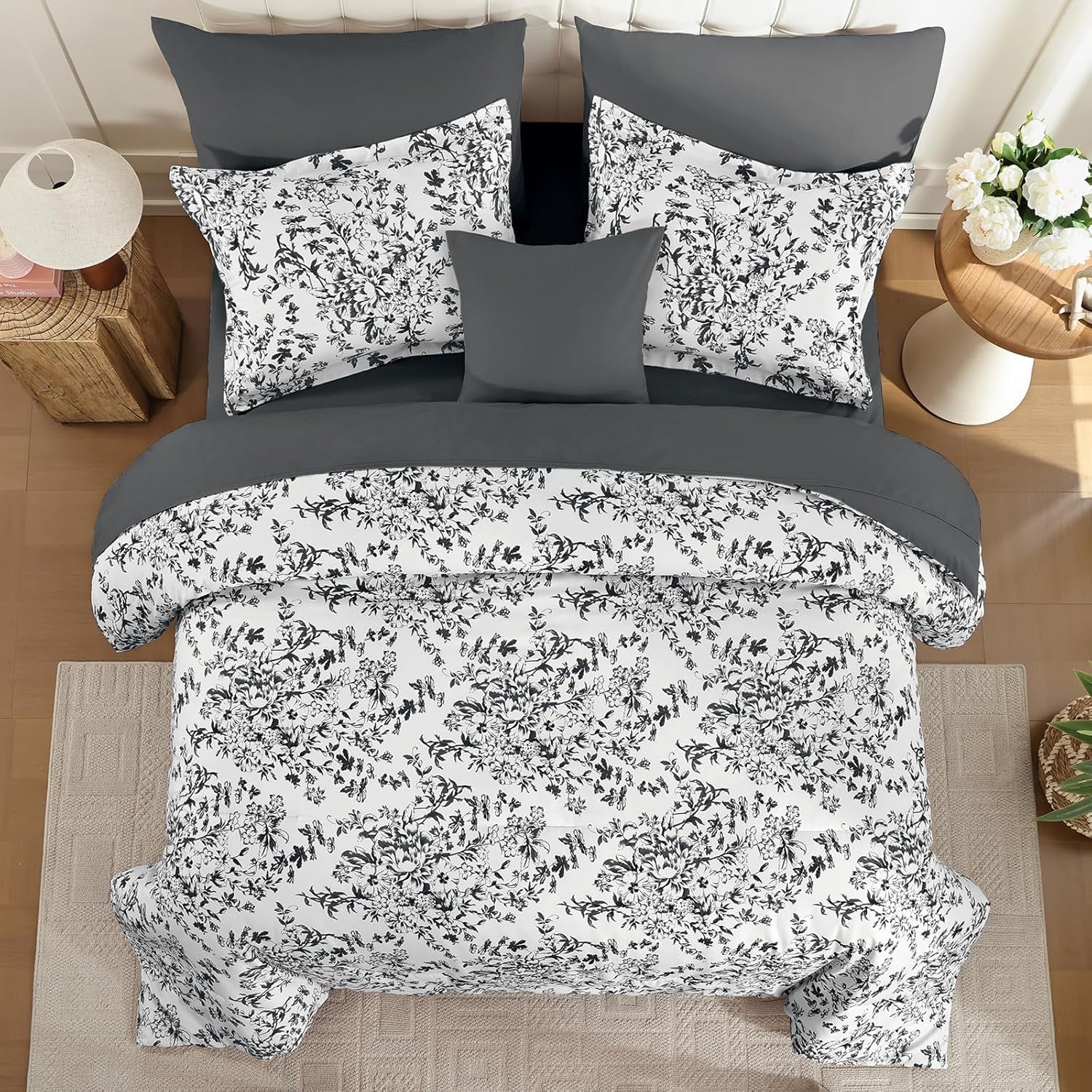 Comforter Set Queen, 8 Pieces Black Gray Floral Botanical Plants Print Comforter, for All Season (90"X90")