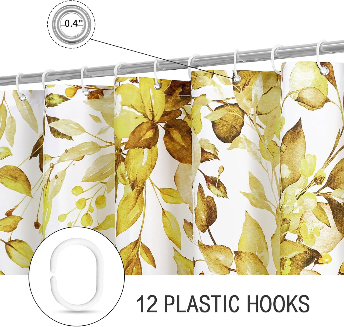 Yellow Eucalyptus Shower Curtain, Watercolor Plant Leaves with Hooks, 72X72