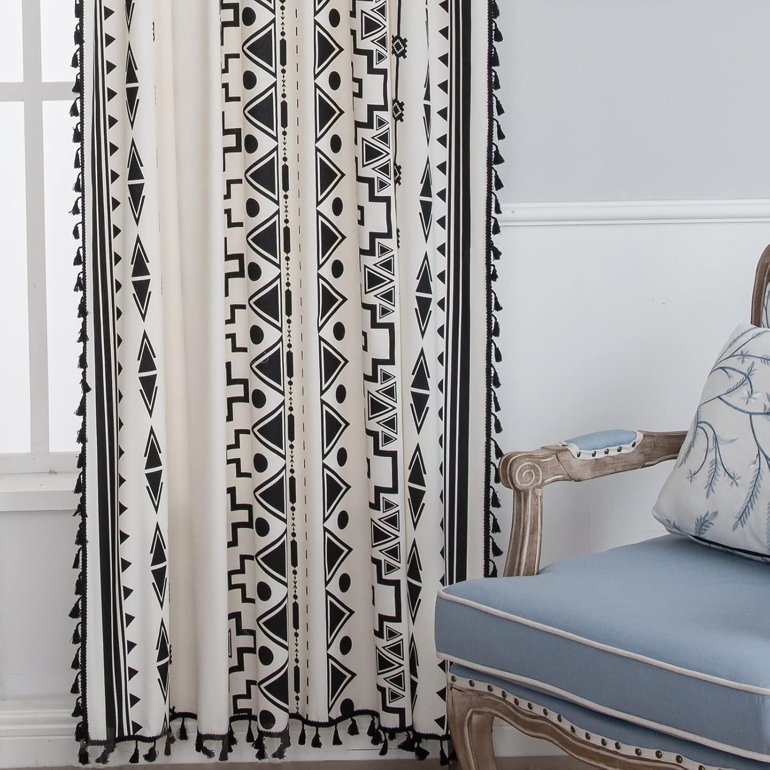 Black and White Boho Curtain 84 Inches Length for Bedroom, Printed Cotton Linen Geometric Rod Pocket Chic Semi Blackout Bohemian Tassels Window Treatment, 1 Panel 59" W X 84" L