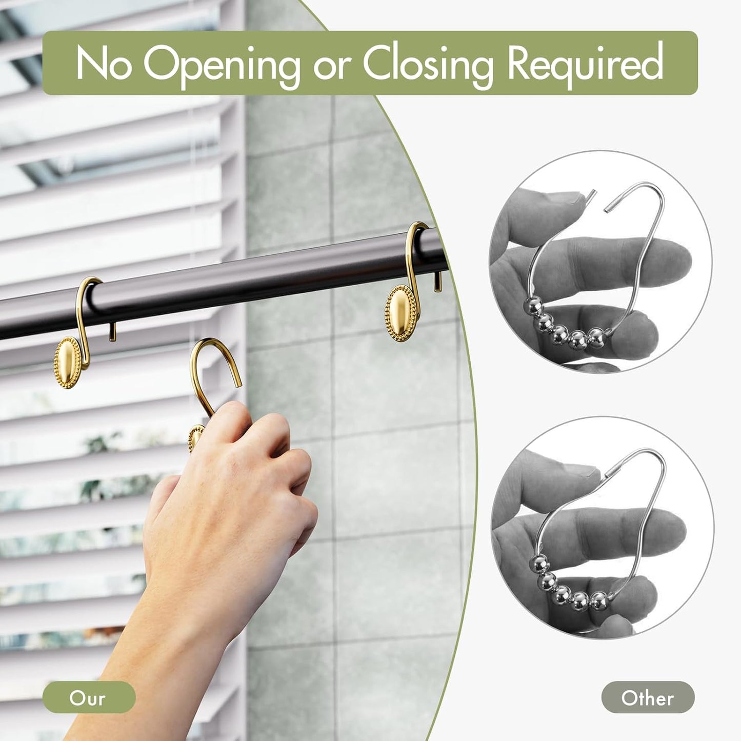 Gold Shower Curtain Hooks, 12PCS Rust Proof Shower Curtain Rings, Decorative Modern Shower Curtain Hangers