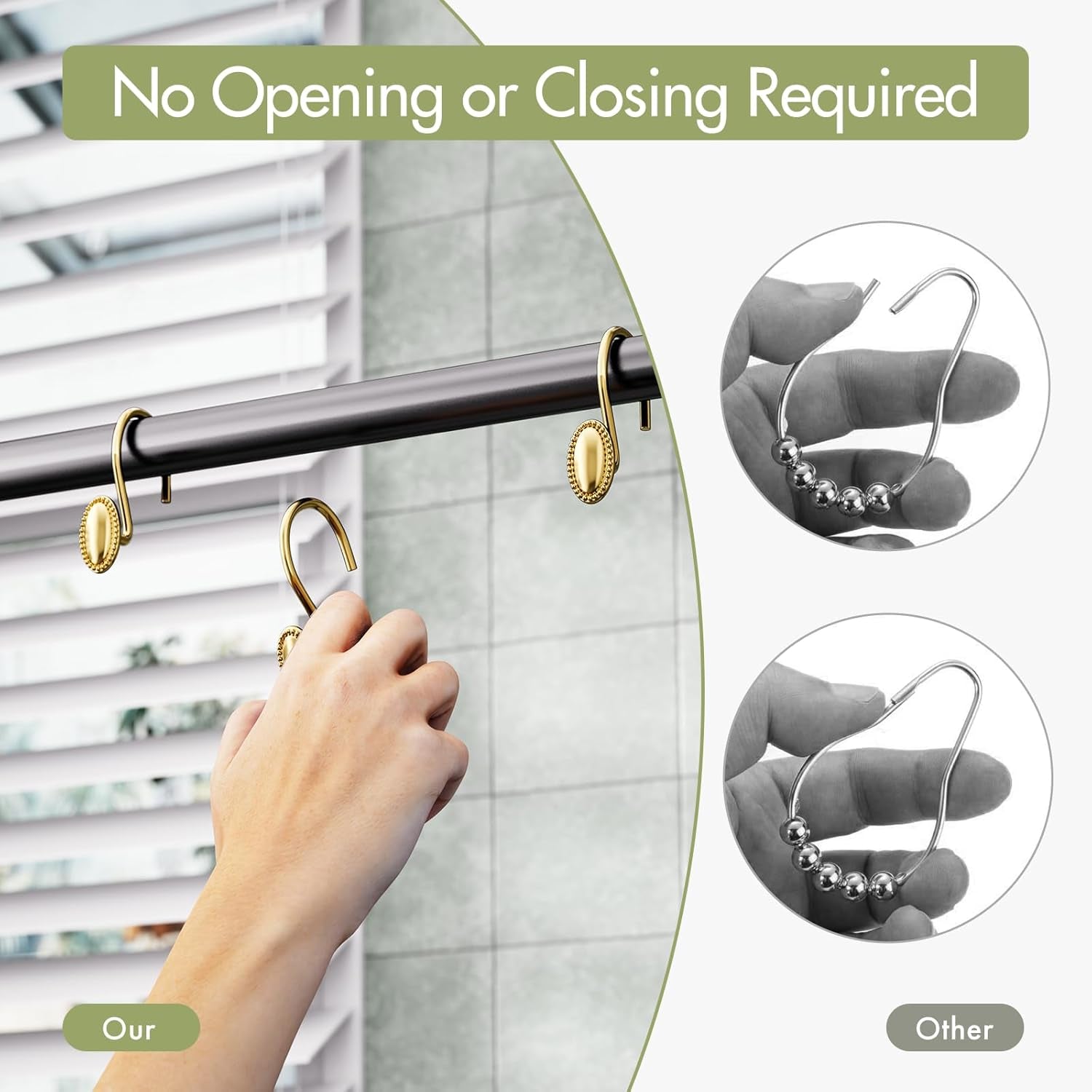 Gold Shower Curtain Hooks, 12PCS Rust Proof Shower Curtain Rings, Decorative Modern Shower Curtain Hangers