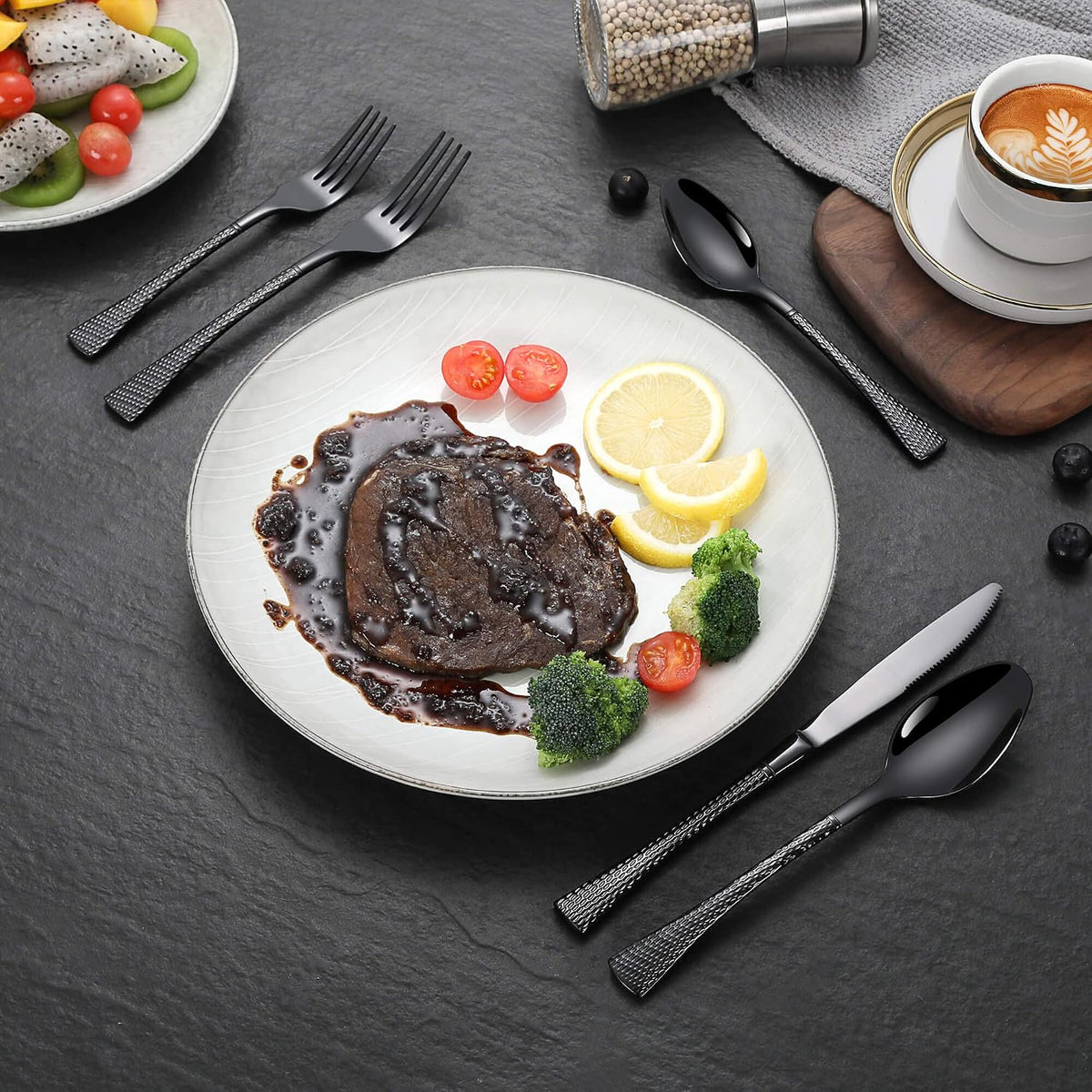 Hammered Black Silverware Set,20 Piece Modern Flatware Set Service for 4,Mirror Polished Stainless Steel Cutlery Set Utensil Set Tableware Set,Kitchen Knives Forks Spoons Set,Dishwasher Safe