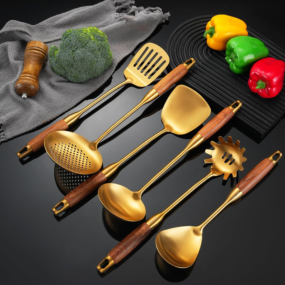Gold Kitchen Utensils Stainless Steel with Wooden Handle 6 PCS