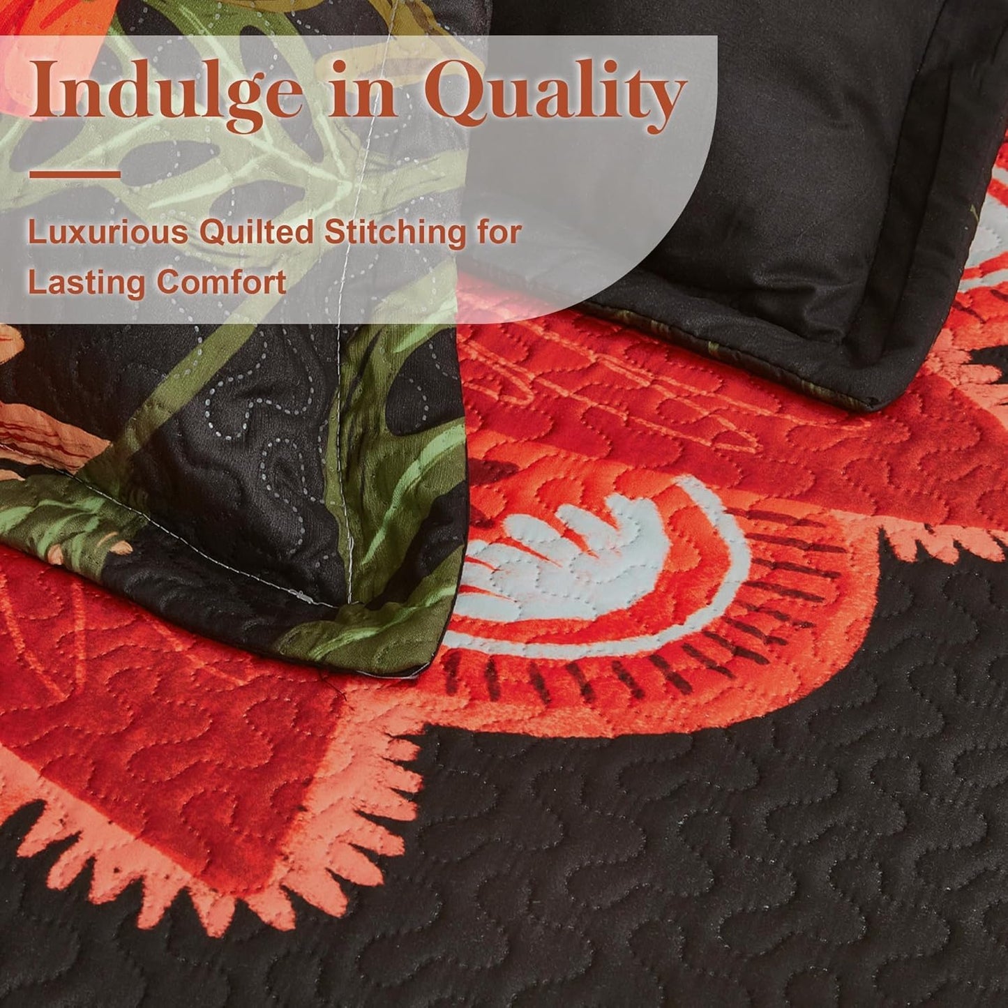 3 Piece Black Red Boho Floral Full/Queen Quilt Sets, Farmhouse Reversible Lightweight Bedspread Coverlet with 2 Shams,Set for All Season, 90''X96''