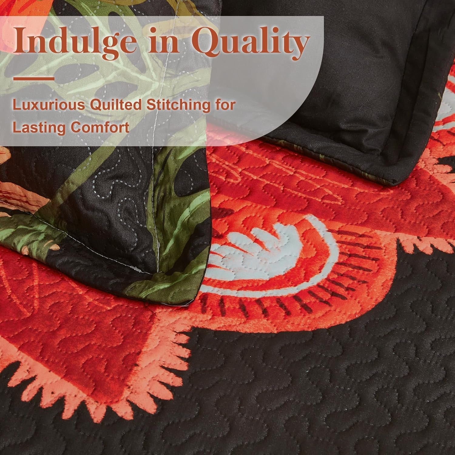 3 Piece Black Red Boho Floral Full/Queen Quilt Sets, Farmhouse Reversible Lightweight Bedspread Coverlet with 2 Shams,Set for All Season, 90''X96''