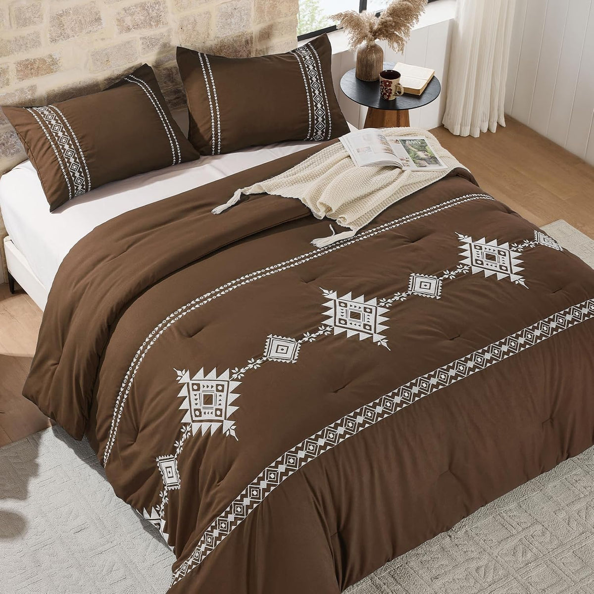 Embroidered Comforter Set Queen, 3-Piece Boho Bedding, Brown