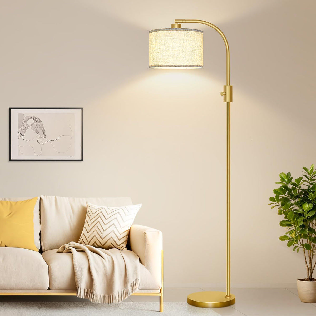 Upgraded Modern Arc Dimmable Tall Standing Floor Lamp with Linen Shade, 1200 Lumens LED Bulb Included, Gold