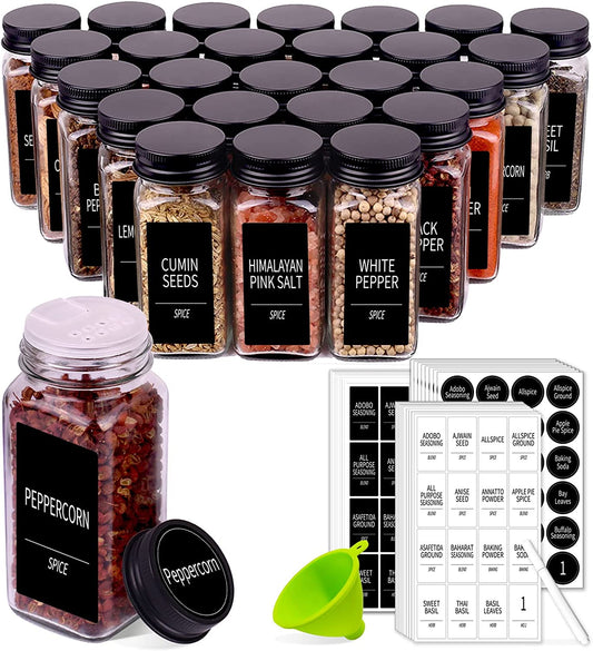 36 Pack Square Glass Spice Jars with Labels, 4Oz with Black Caps, Shaker Lids, 547 Labels, Funnel & Chalk Pen