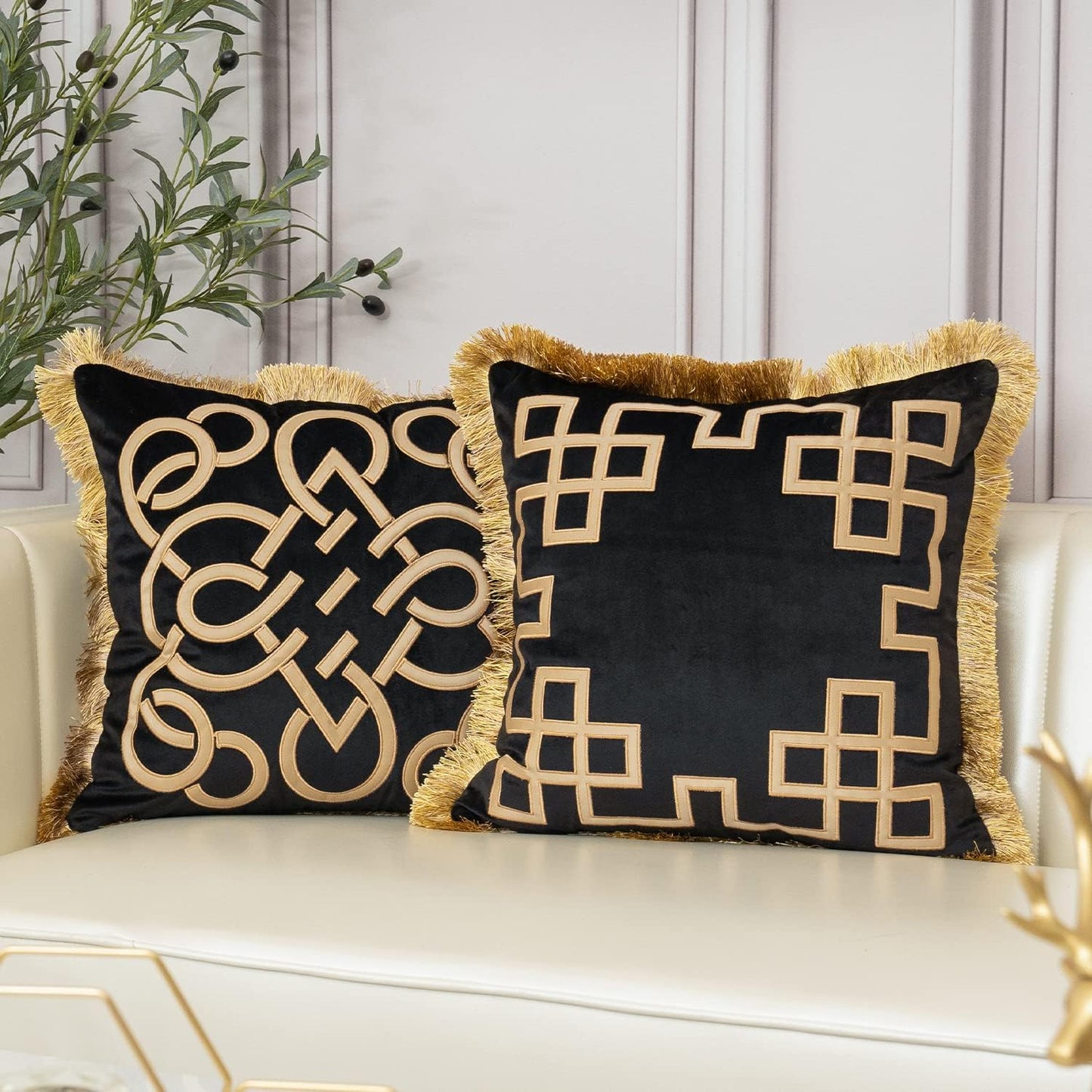 18 X 18 Inch Luxury European Home Decorative Pillow with Tassels, Velvet, Black Gold