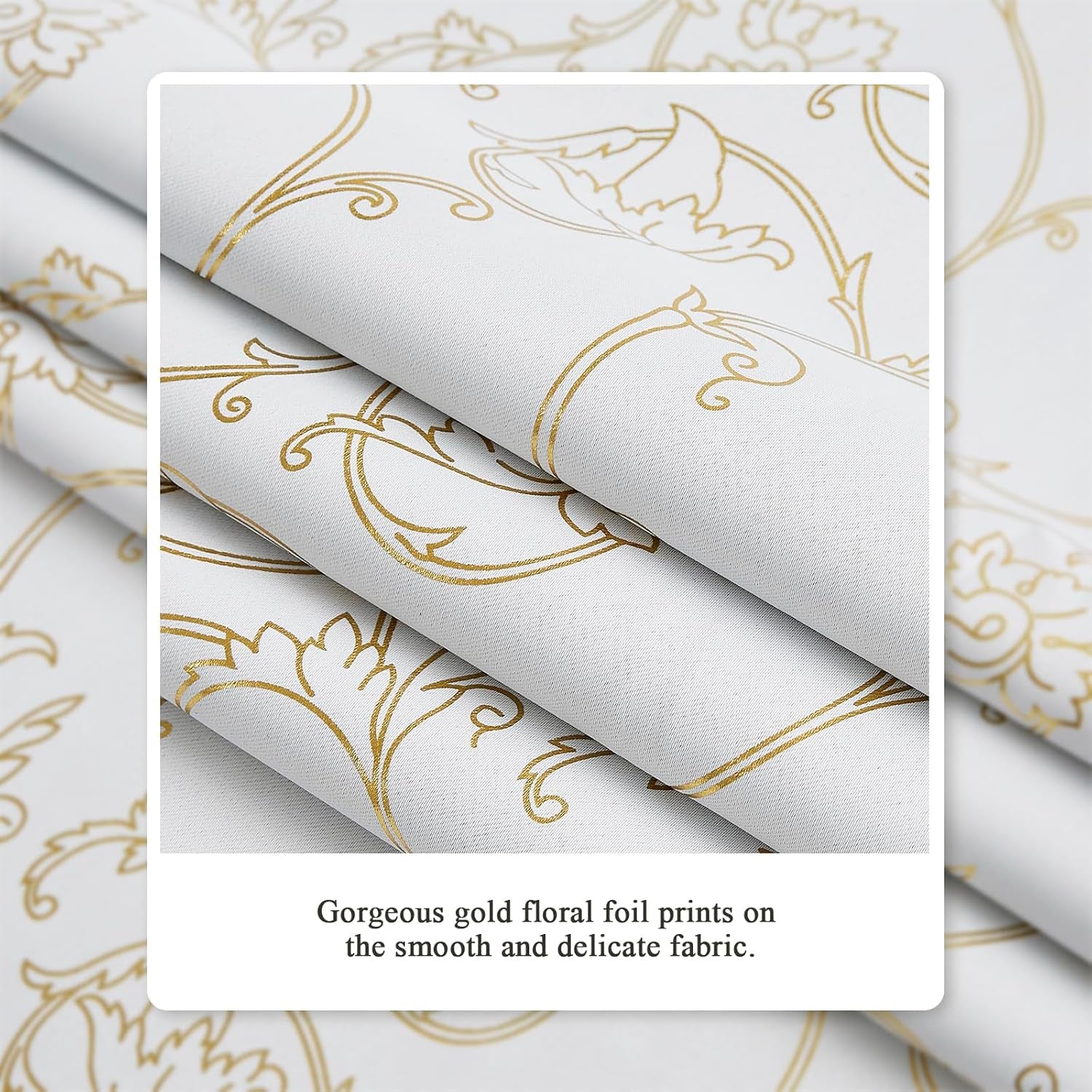 100% Blackout Curtains 84 Inches Long, Gold Floral Foil Pattern Drapes, 2 Panel Sets, Silvery White