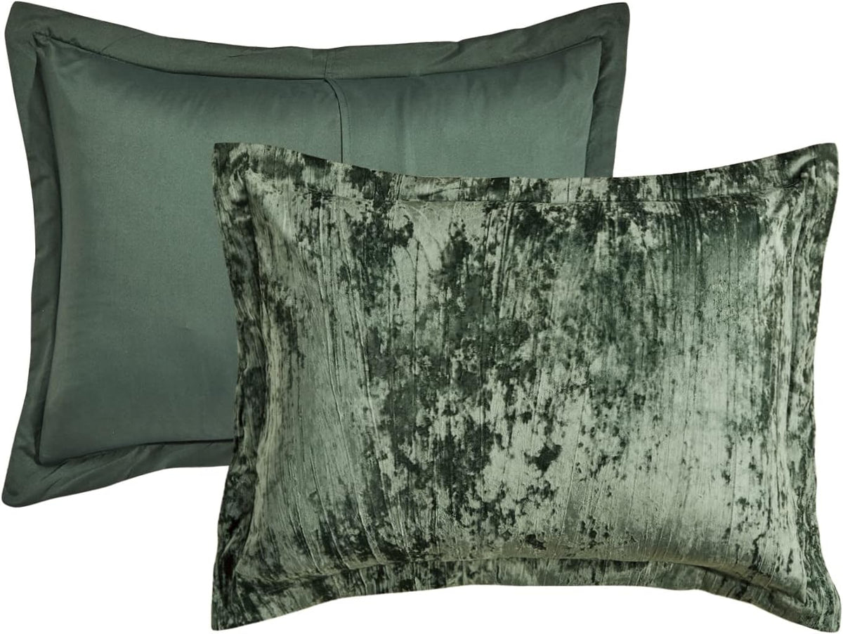 Crinkle Velvet Comforter Set (Blackish Green, King)